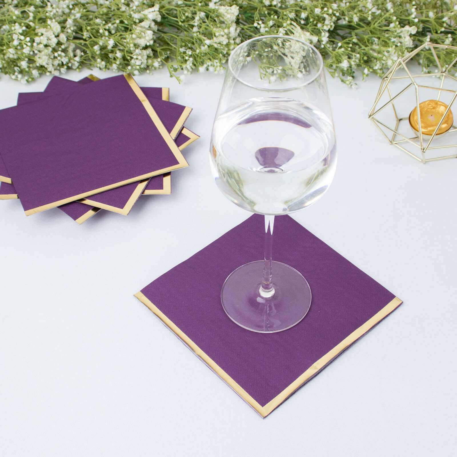 50-Pack Paper Beverage Napkins with Gold Foil Edge Purple - Disposable 2 Ply Cocktail Napkins for Events 6.5x6.5