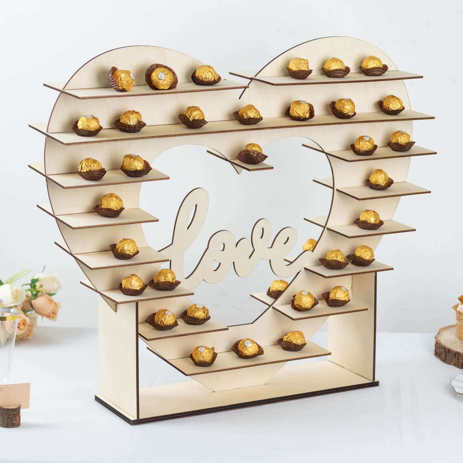 8-Layer Wooden Dessert Display Stand Heart Shaped Double Sided Design Natural - Love Cupcake Shelf Table Rack 26