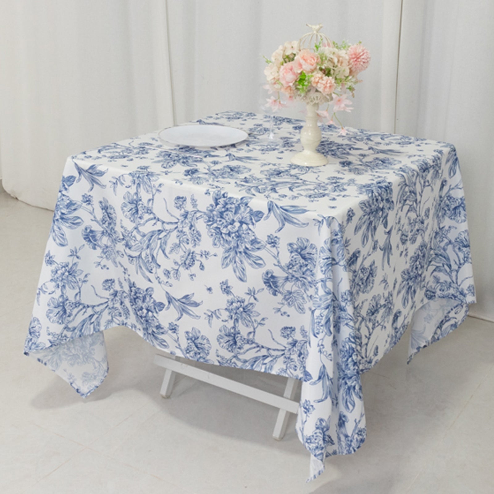 Polyester 70x70 Square Tablecloth White - Blue French Toile Pattern for Sophisticated Settings