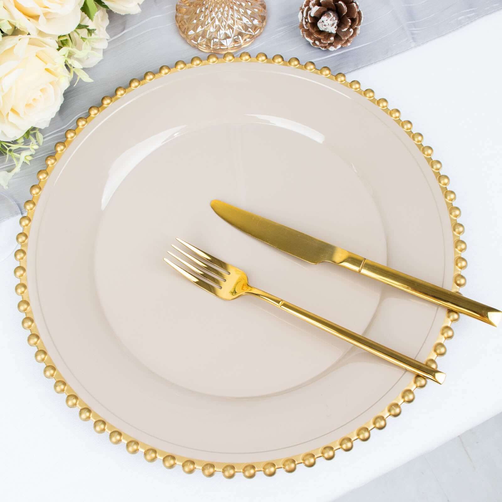 6-Pack Acrylic Round Charger Plates 13 in Taupe with Gold Beaded Rim, Decorative Dinner Party Charger Tableware