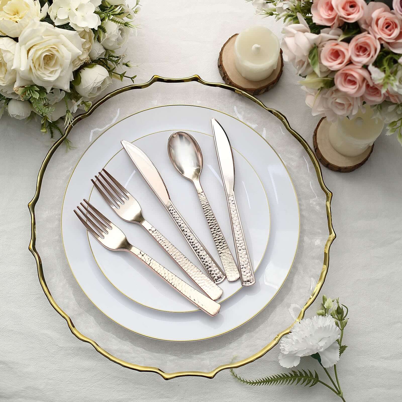 24-Pack Plastic Silverware Set with Hammered Design Rose Gold - Heavy Duty Disposable Utensils 7