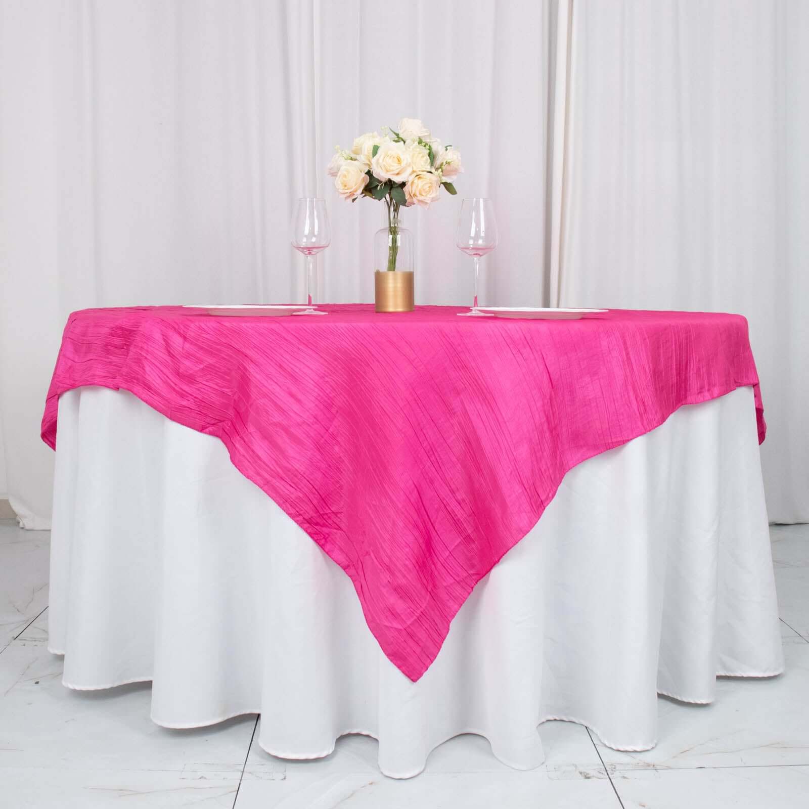 Taffeta 72x72 Table Overlay Square Tablecloth Fuchsia - Accordion Crinkle Table Cover