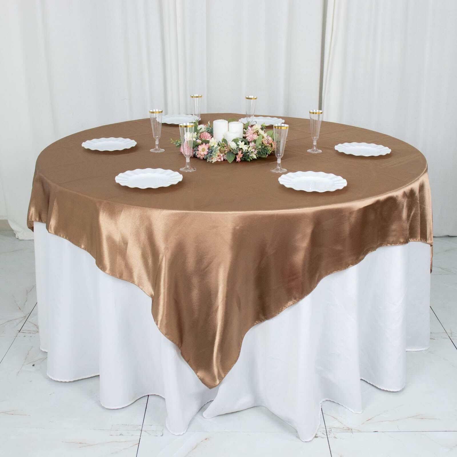 Satin 72x72 Table Overlay Square Tablecloth Taupe - Smooth Finish Table Cover