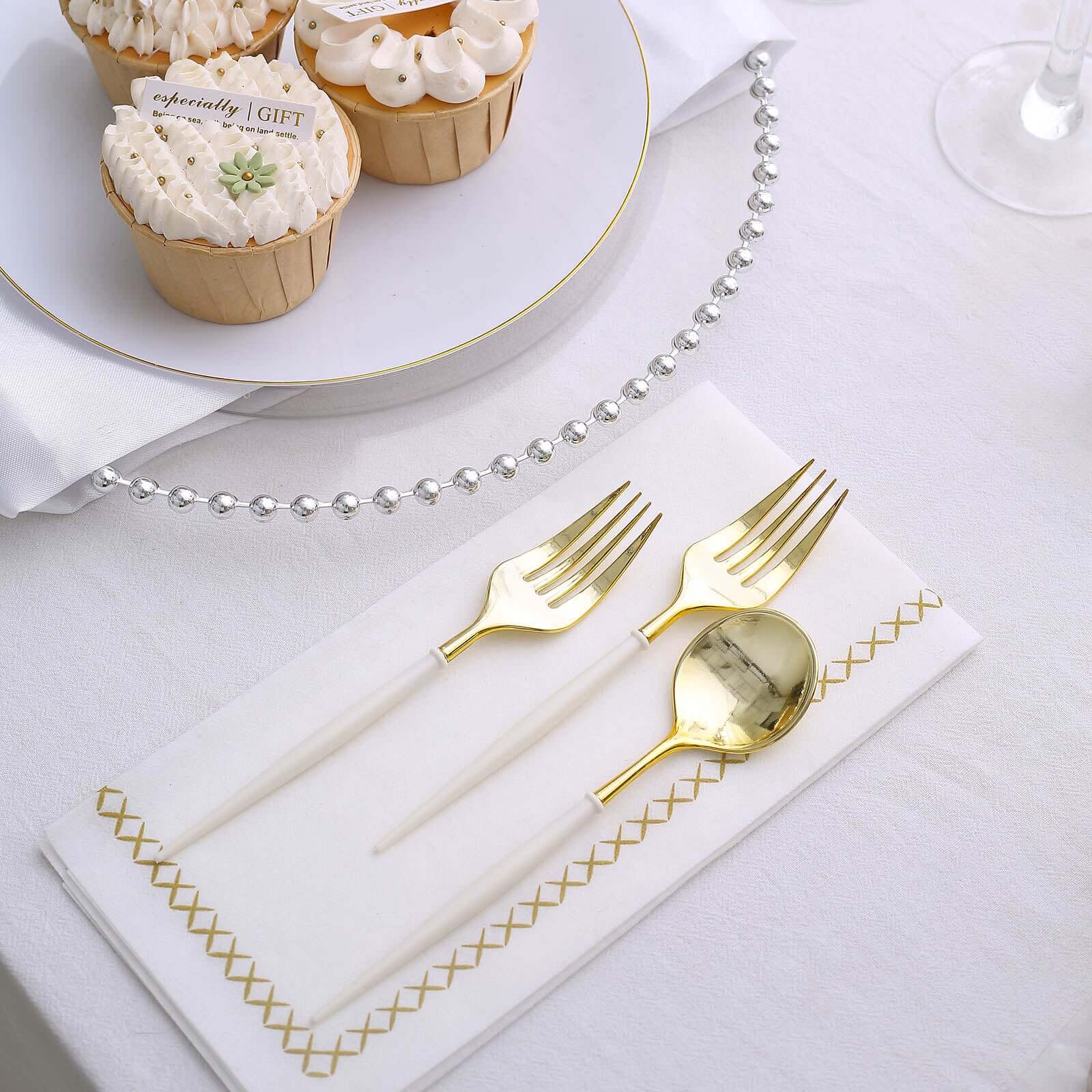 24-Pack Plastic Fork and Spoon Set Gold/Ivory - Heavy Duty Disposable Modern Utensils 6