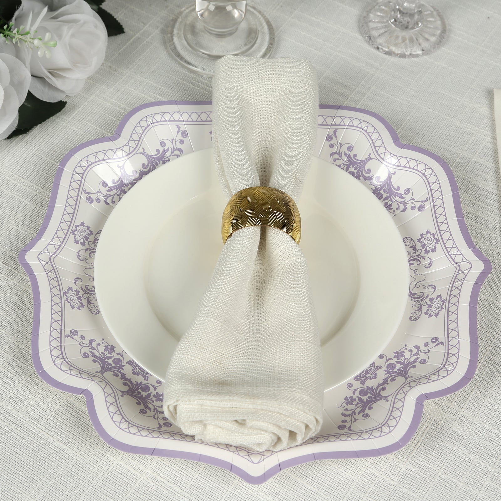 25-Pack Paper Dinner Plates in White with Lavender Lilac French Toile Print & Scallop Rim - Stylish Disposable 300GSM Floral Party Plates 10