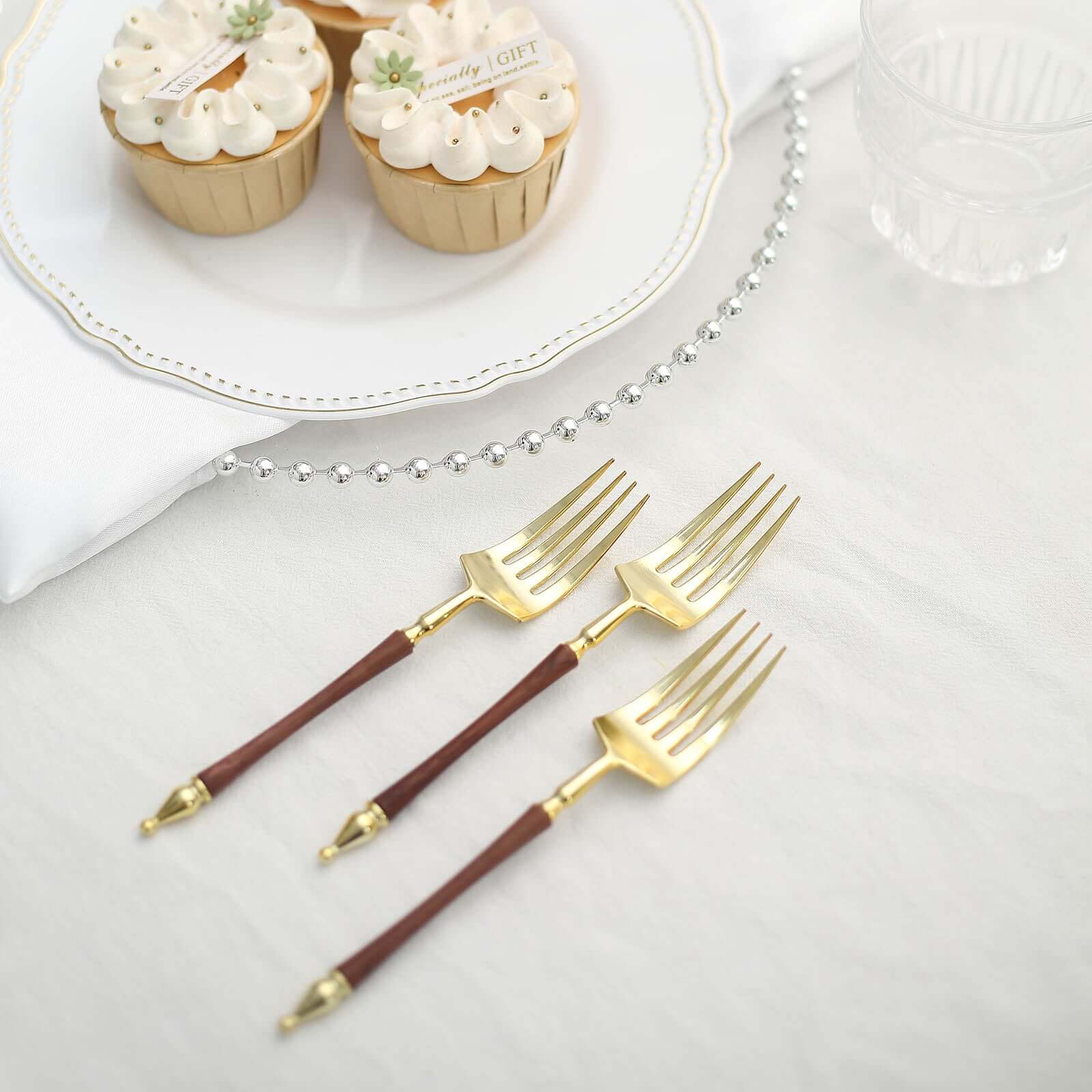 24-Pack Plastic Dessert Forks with Roman Column Handle Gold/Brown - European Style Disposable Utensils 6