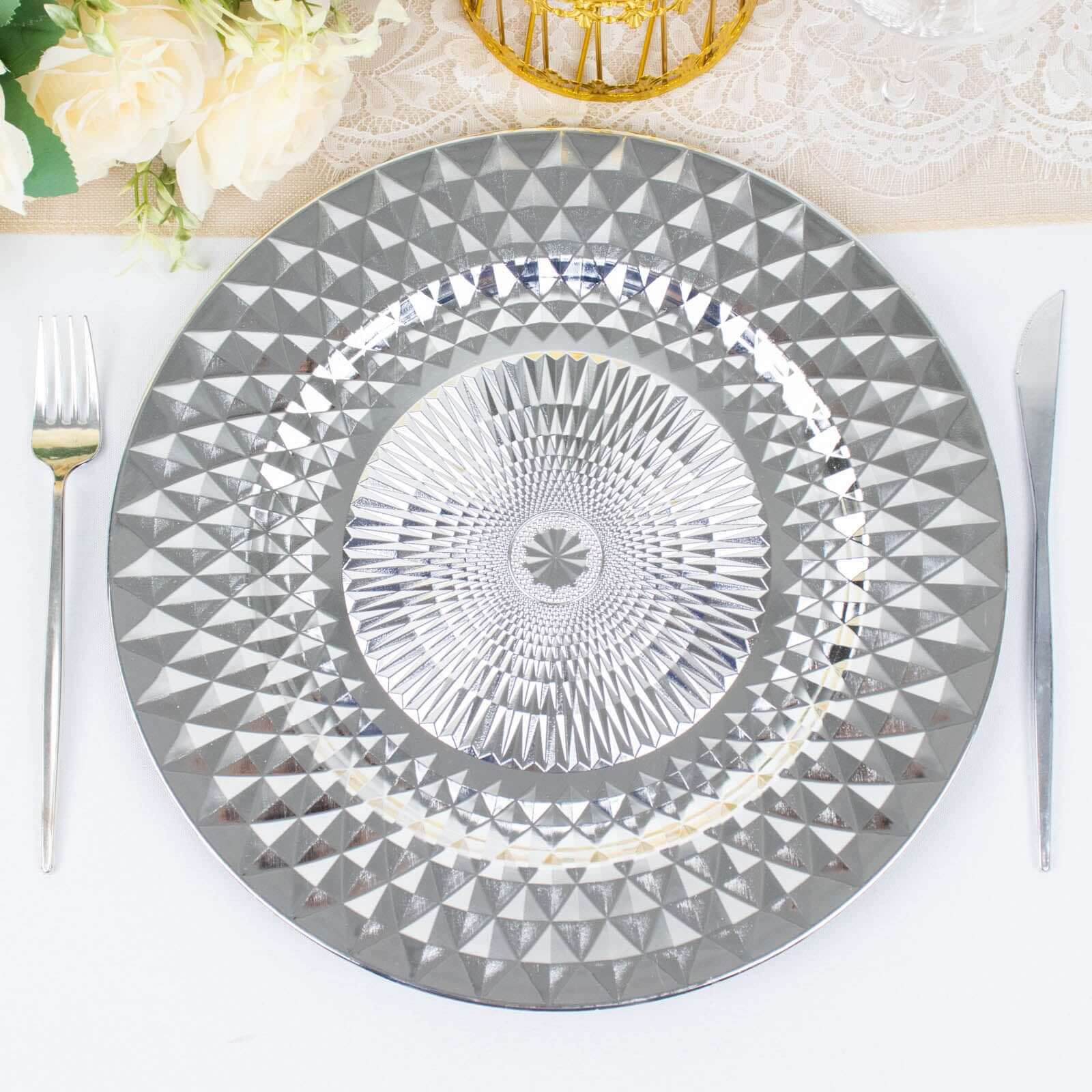 6-Pack Plastic Round Charger Plates 13 in Silver with Diamond Pattern, Sparkling Disposable Dinner Charger Tableware