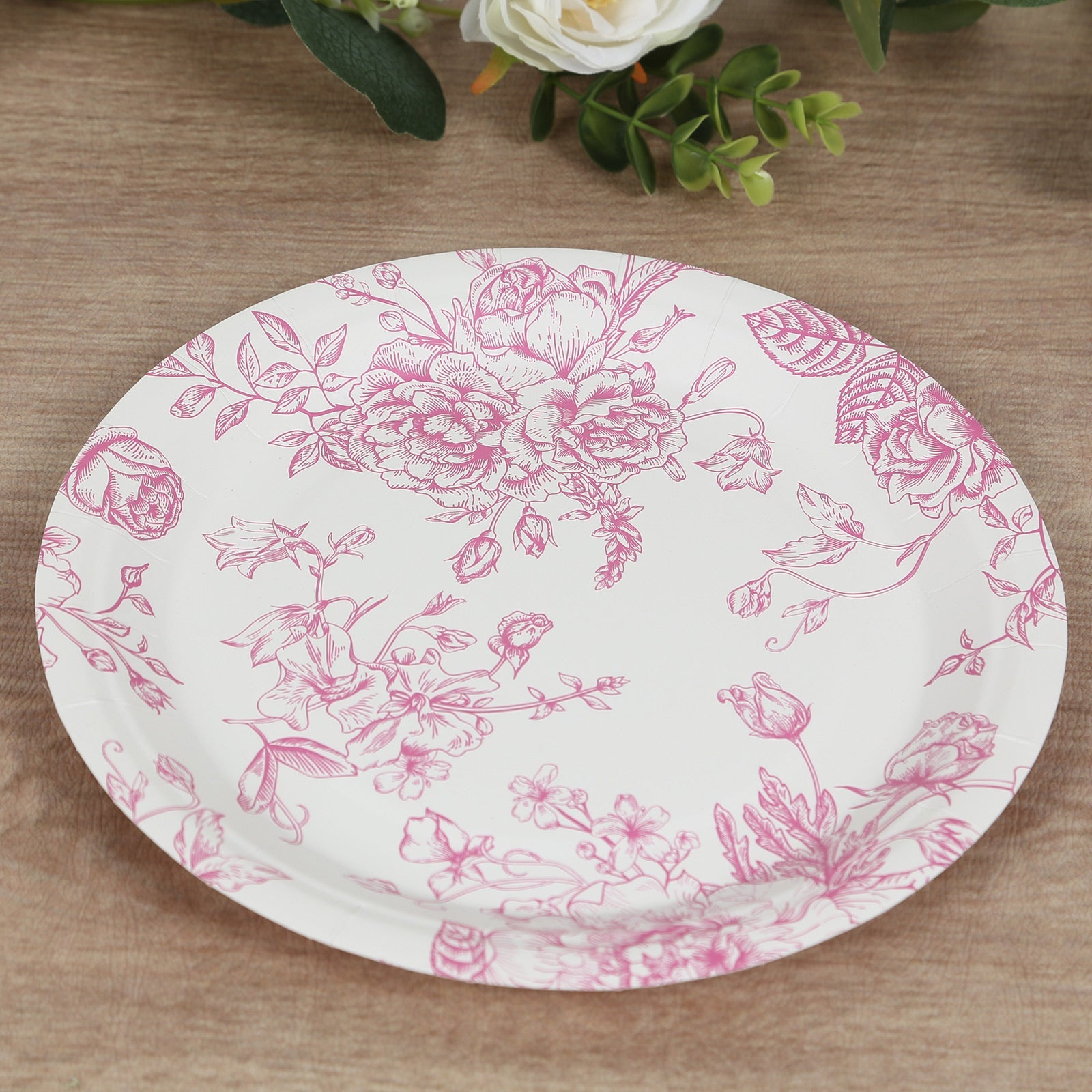 25-Pack Paper 9 Round Dinner Plates in White with Matte Pink French Toile Pattern - Disposable Floral Party Plates