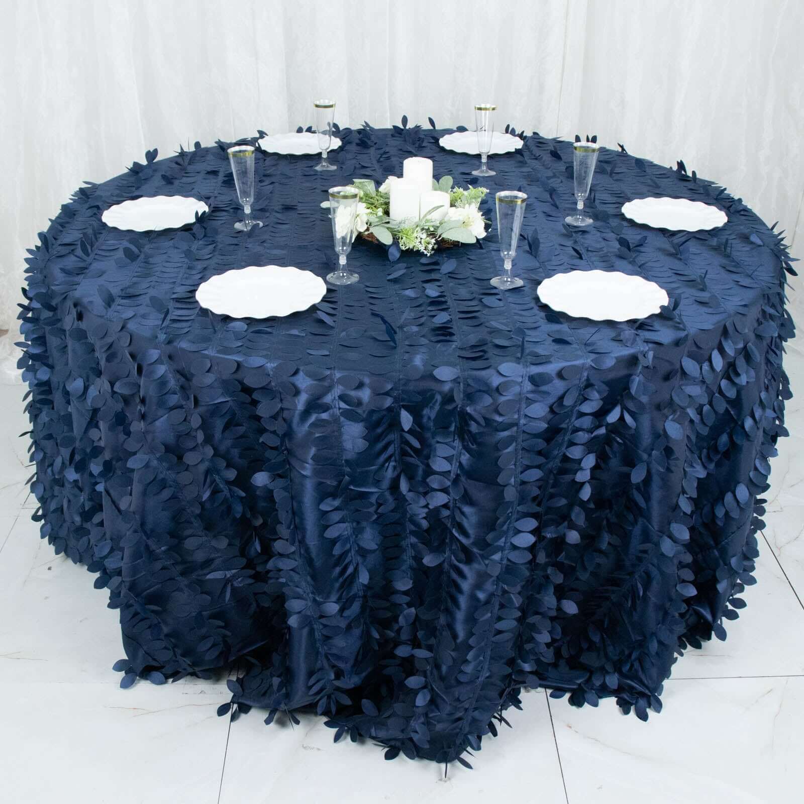 Taffeta 132 Round Tablecloth Navy Blue | 3D Leaf Petal Design Seamless Table Cover