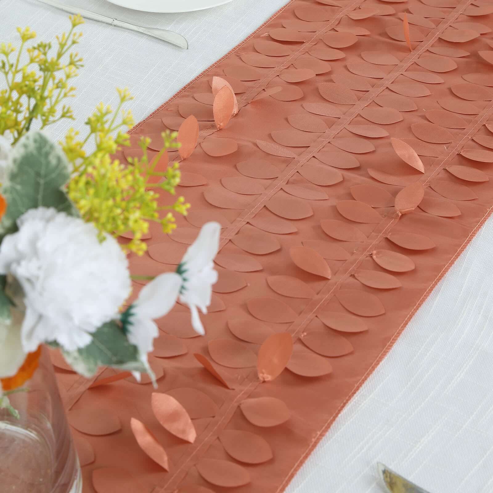 Taffeta Fabric 12x108 Table Runner Terracotta (Rust) - 3D Leaf Petal Design