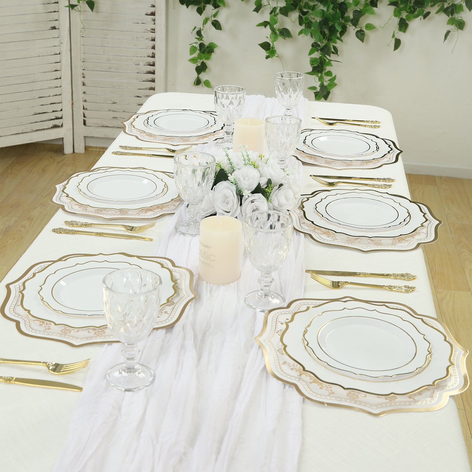 10 Pack Cardboard Paper Table Mats with White Gold Damask Floral Pattern, 13 Round Disposable Placemats with Scalloped Rim - 400 GSM