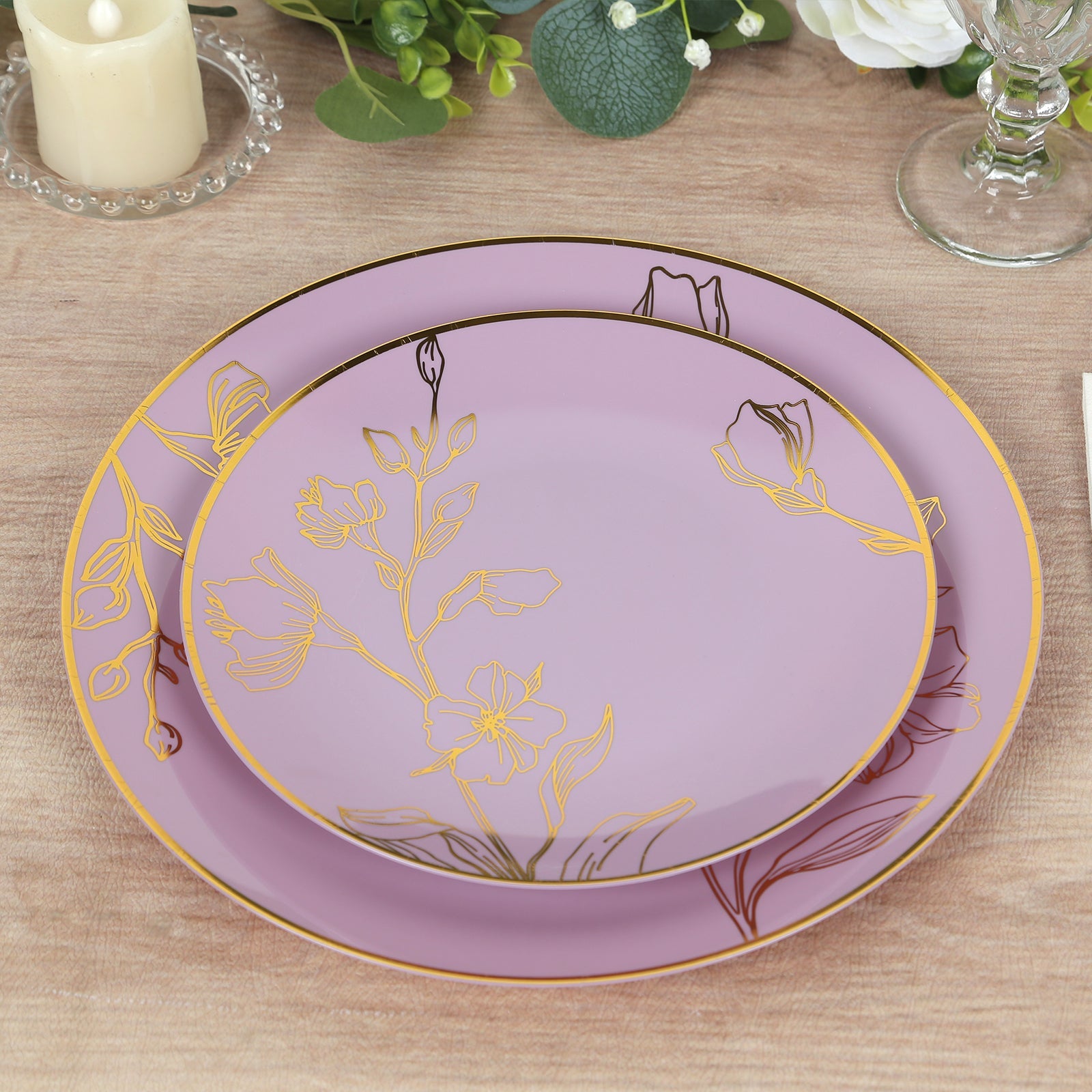 Set of 20 Plastic Round Dinner and Dessert Plates in Lavender Lilac with Metallic Gold Floral Design - Stylish Disposable Dinnerware 8, 10