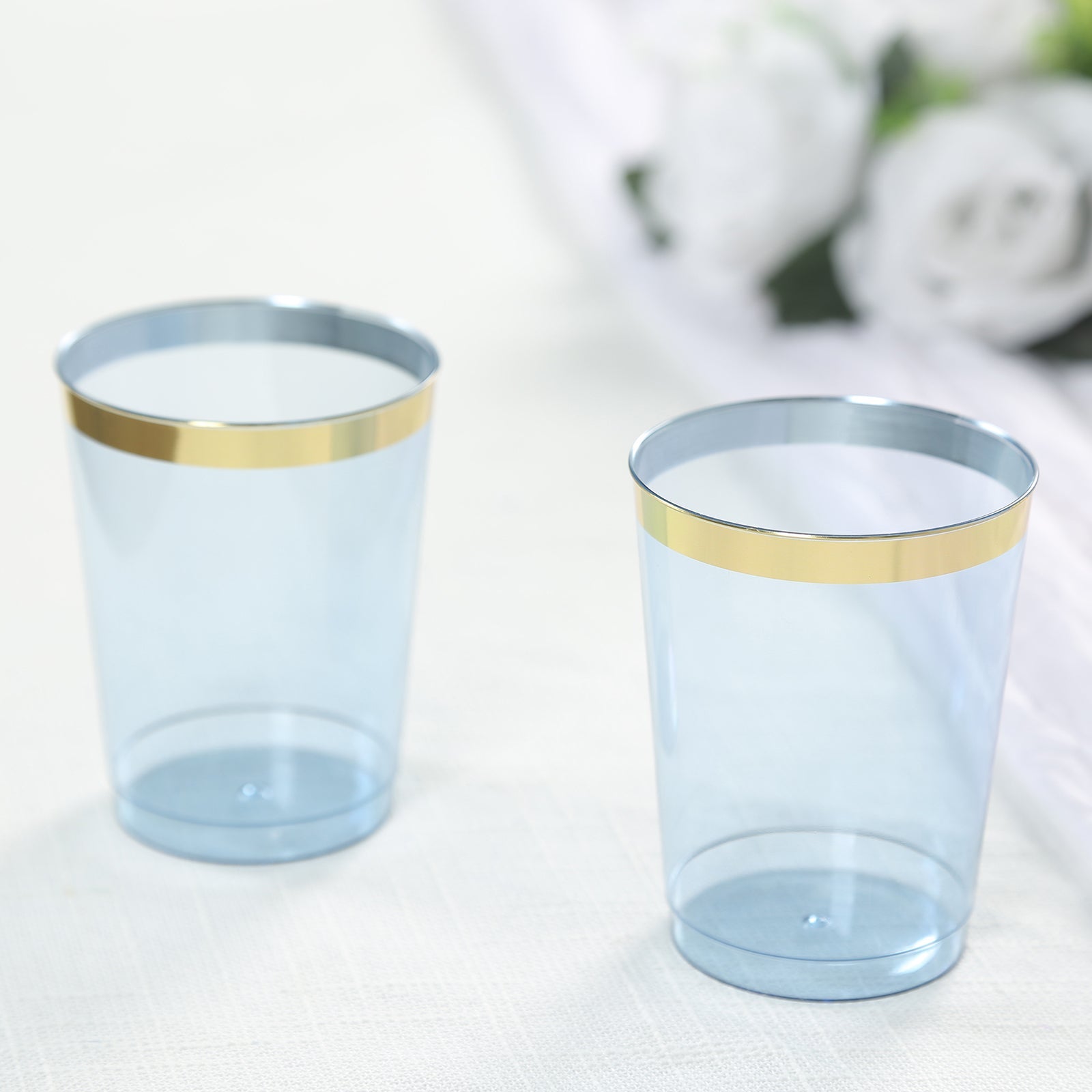 25-Pack Plastic Tumbler Cups Transparent Dusty Blue with Gold Rim - Stylish Disposable Party Glasses 10oz