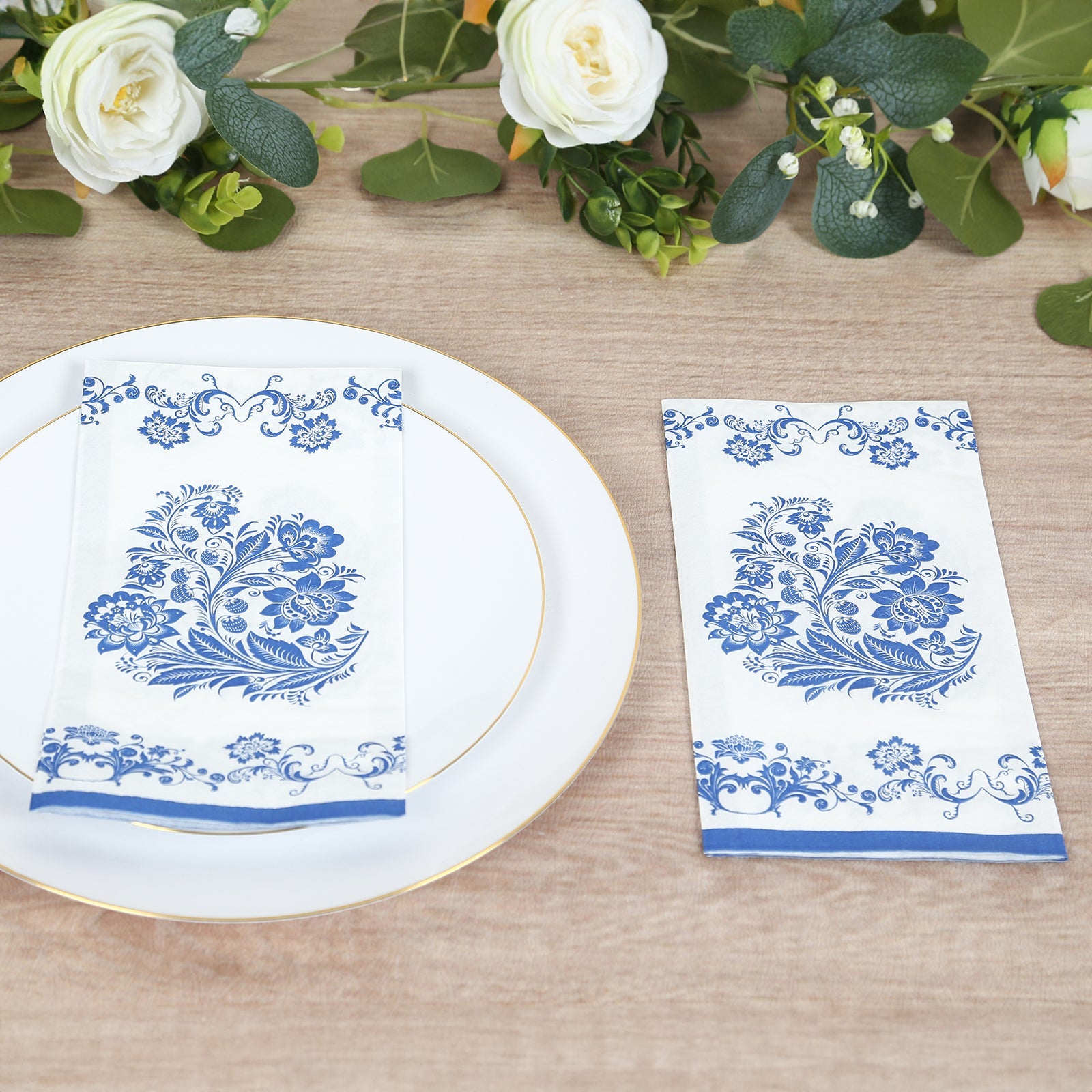 50 Pack 2-Ply Paper Party Napkins in White Royal Blue Damask Floral Pattern, Disposable Dinner Napkins - Highly Absorbent & Soft