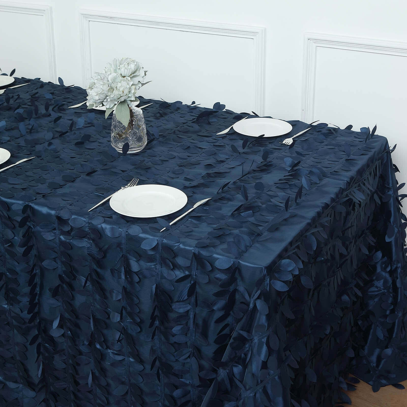 Taffeta 90x156 Rectangle Tablecloth Navy Blue | 3D Leaf Petal Design Seamless Table Cover