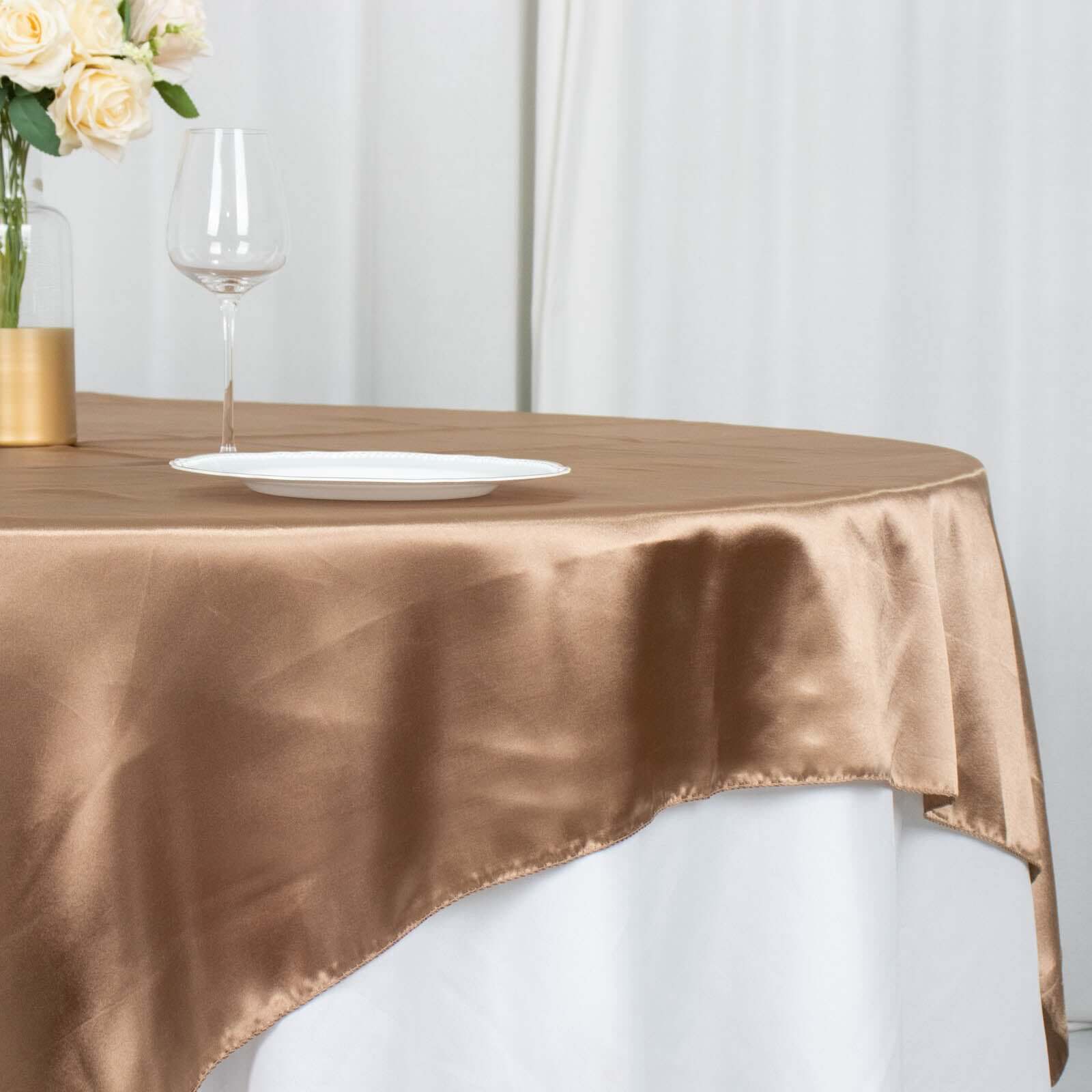 Satin 72x72 Table Overlay Square Tablecloth Taupe - Smooth Finish Table Cover