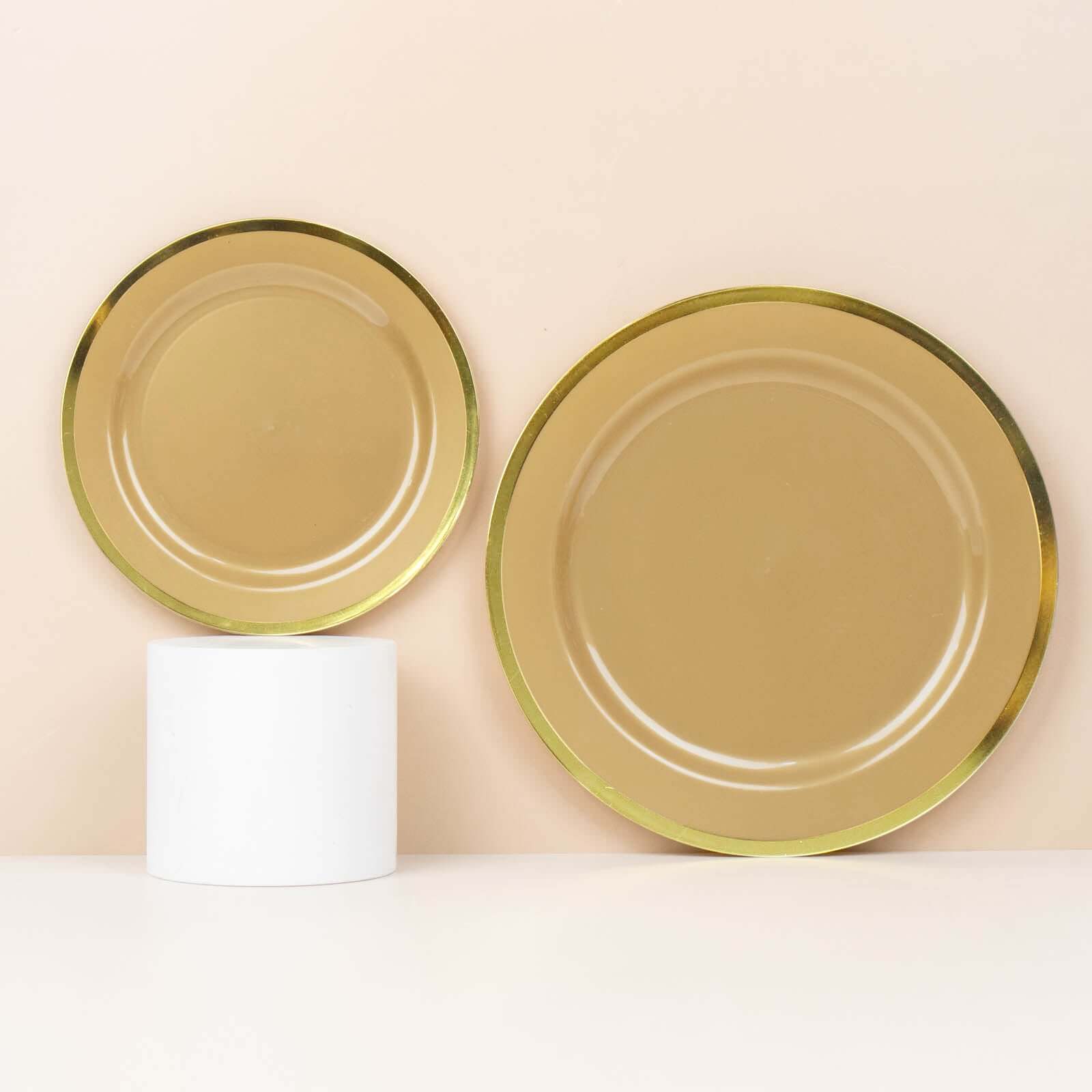 10-Pack Plastic 10 Round Dinner Plates in Gold with Gold Rim - Disposable Party Plates for Classy Banquets & Special Occasions