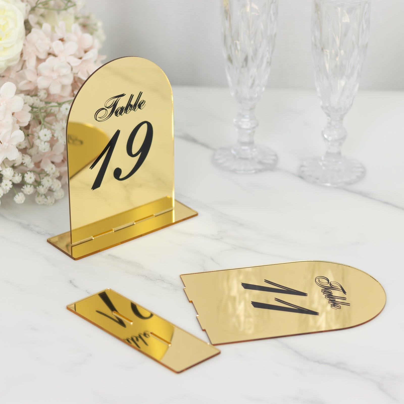 Gold Mirror Arch Acrylic Table Numbers (11-20) - 6x7 Wedding Reception Signs with Black Print & Stands