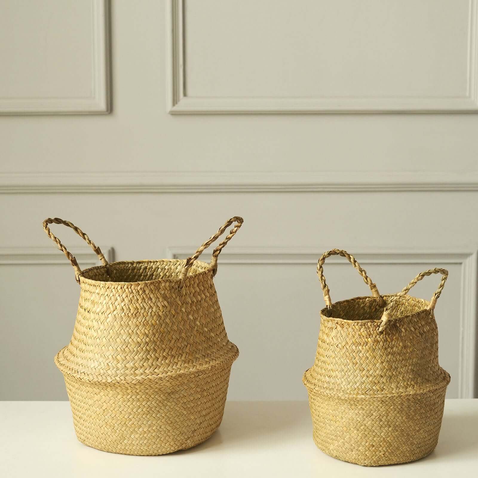 Set of 2 Woven Seagrass Plant Belly Baskets - Natural Handcrafted Braided Storage Wicker Bin Planter with Handles for Living Room Closet & Kitchen Organization