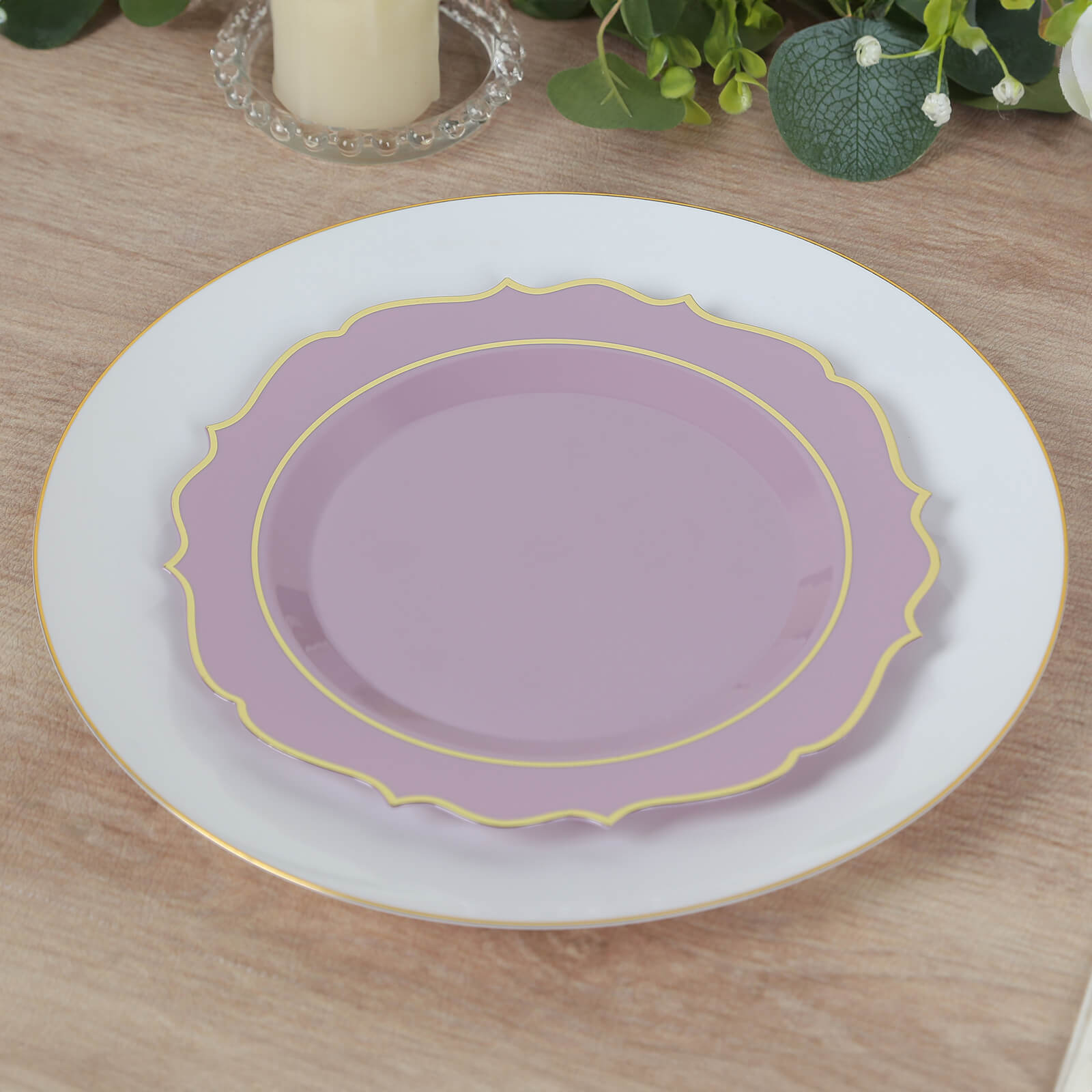 10-Pack Plastic 8 Round Desert Plates in Lavender Lilac with Gold Scalloped Rim - Disposable Appetizer/Salad Plates