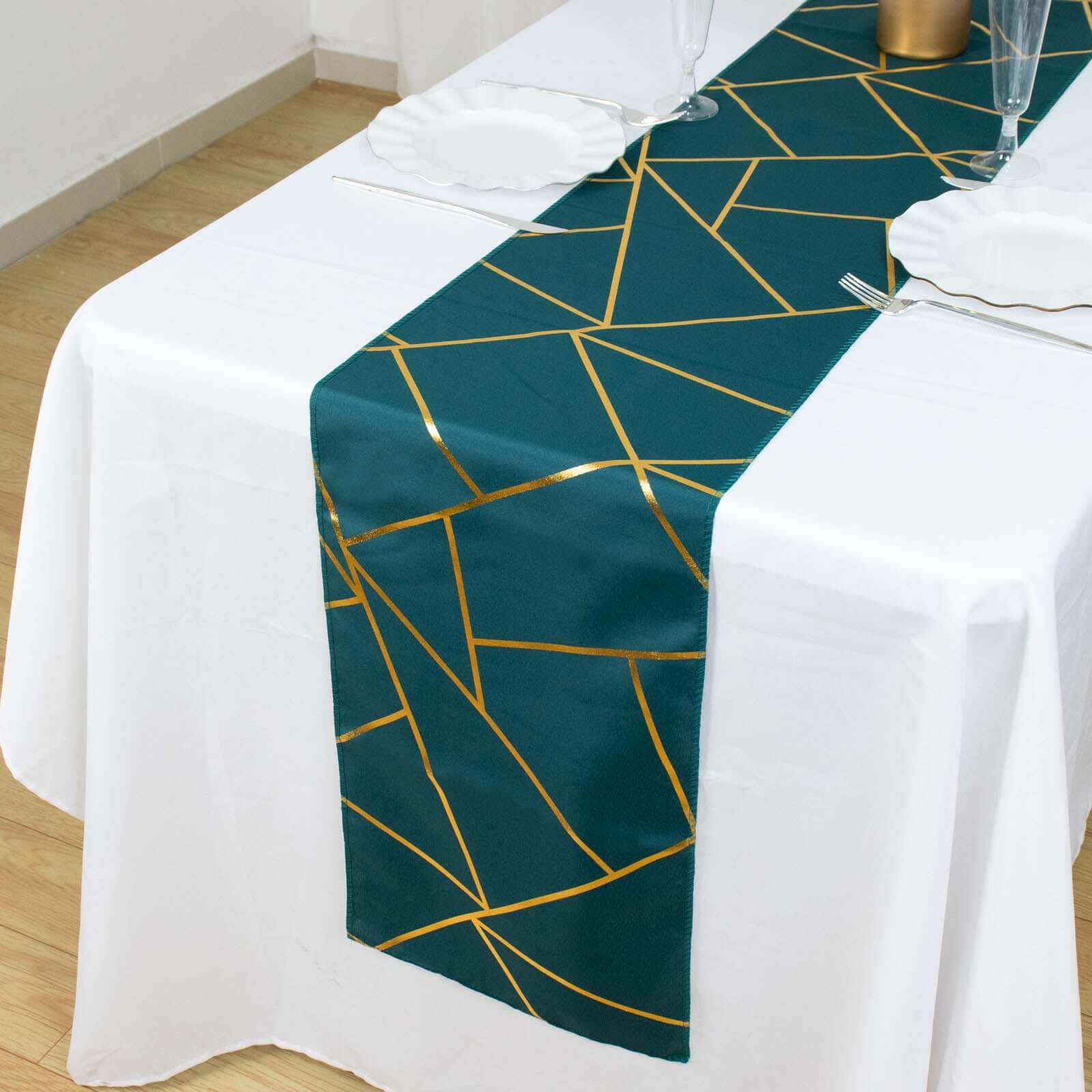 Polyester 9ft Table Runner Peacock Teal with Gold Foil Modern Geometric Accent