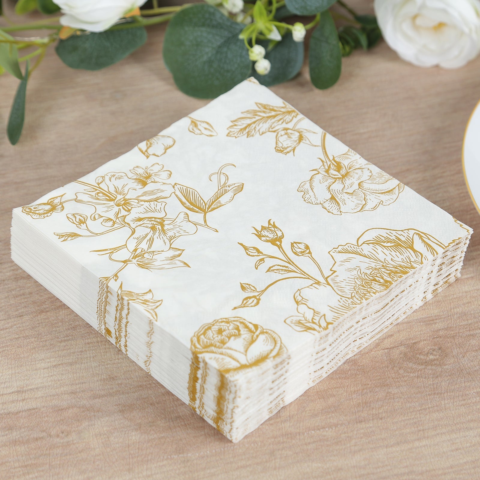 50-Pack Paper Cocktail Napkins with French Toile Floral Pattern White/Gold - Soft 2 Ply Beverage Napkins for Events