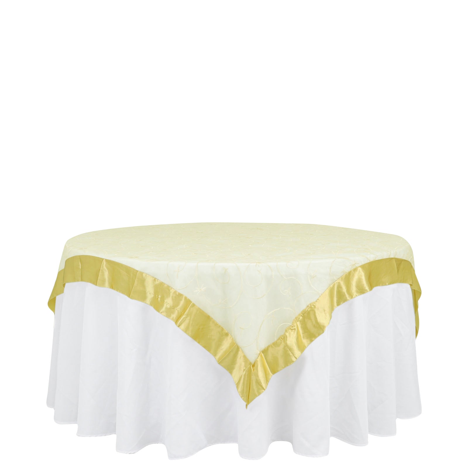 60x60 Yellow Embroidered Sheer Organza Square Table Overlay With Satin Edge