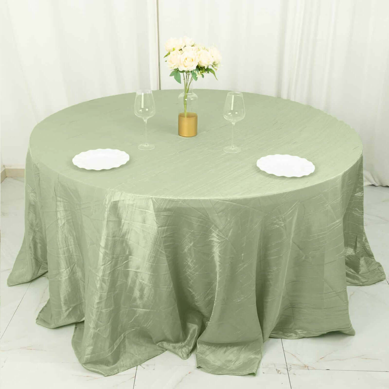 Taffeta 132 Round Tablecloth Sage Green - Seamless Accordion Crinkle Table Cover