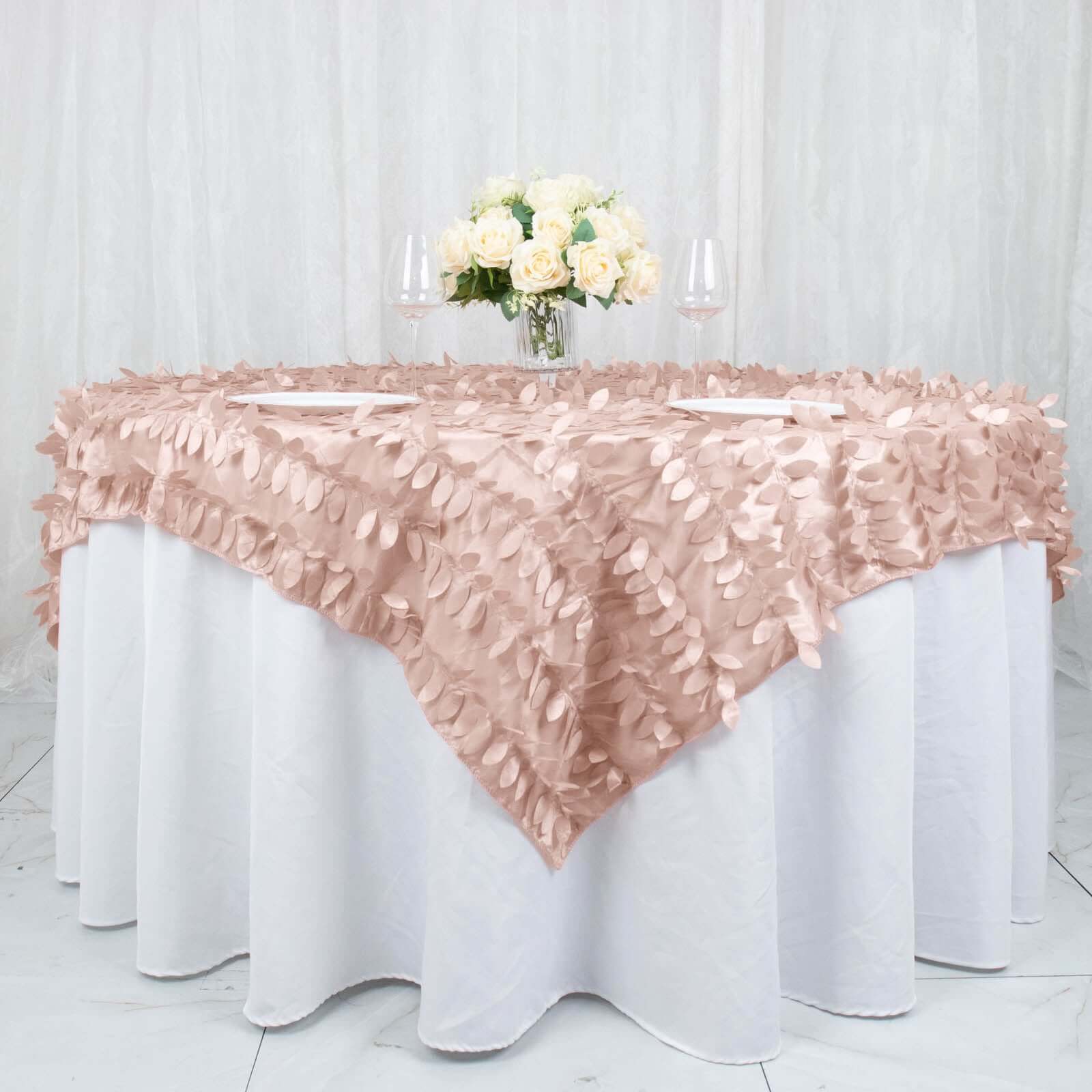 Taffeta 72x72 Table Overlay Square Tablecloth Dusty Rose - 3D Leaf Petal Table Cover