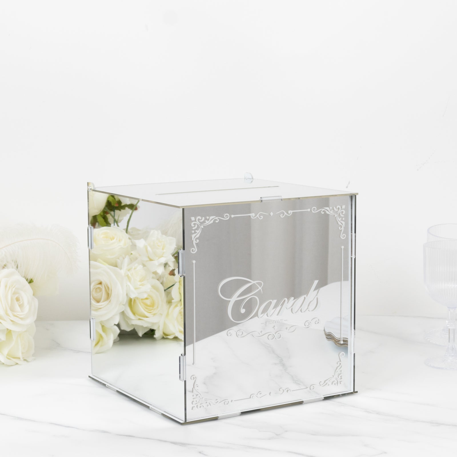 10 Silver Mirror Acrylic Wedding Card Box with Slot - Wishing Well Money Box for Reception, Graduation, and Events