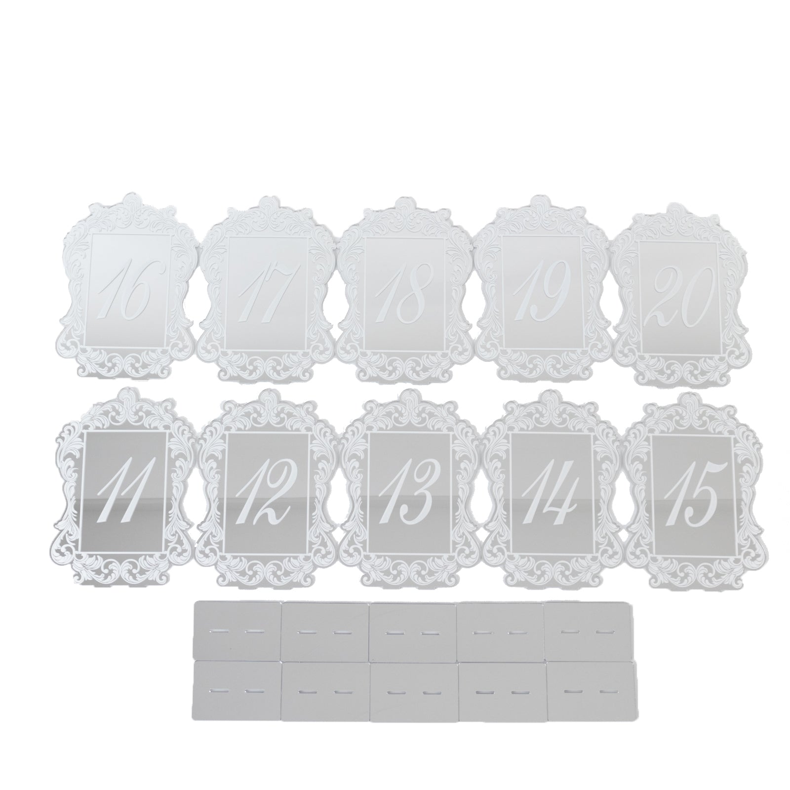 Silver Mirror Arch Acrylic Table Numbers (11-20) - 5x7 Wedding Reception Signs with Baroque Lace Border, White Print & Stands