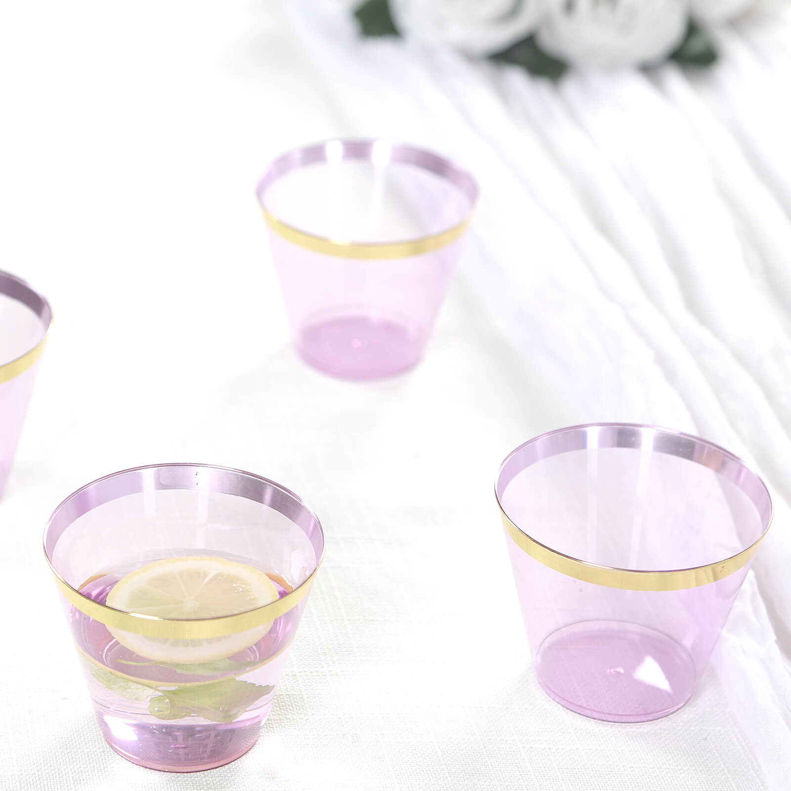 25-Pack Plastic Party Cups Transparent Purple Crystal with Gold Rim - Stylish Short Disposable Glasses 9oz