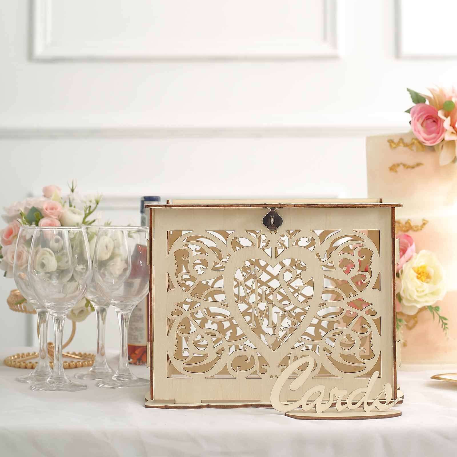 Natural Wooden Laser Cut Mr. & Mrs. Wedding Card Box With Label, Rustic DIY Hollow Money Box And Stand - 12x9