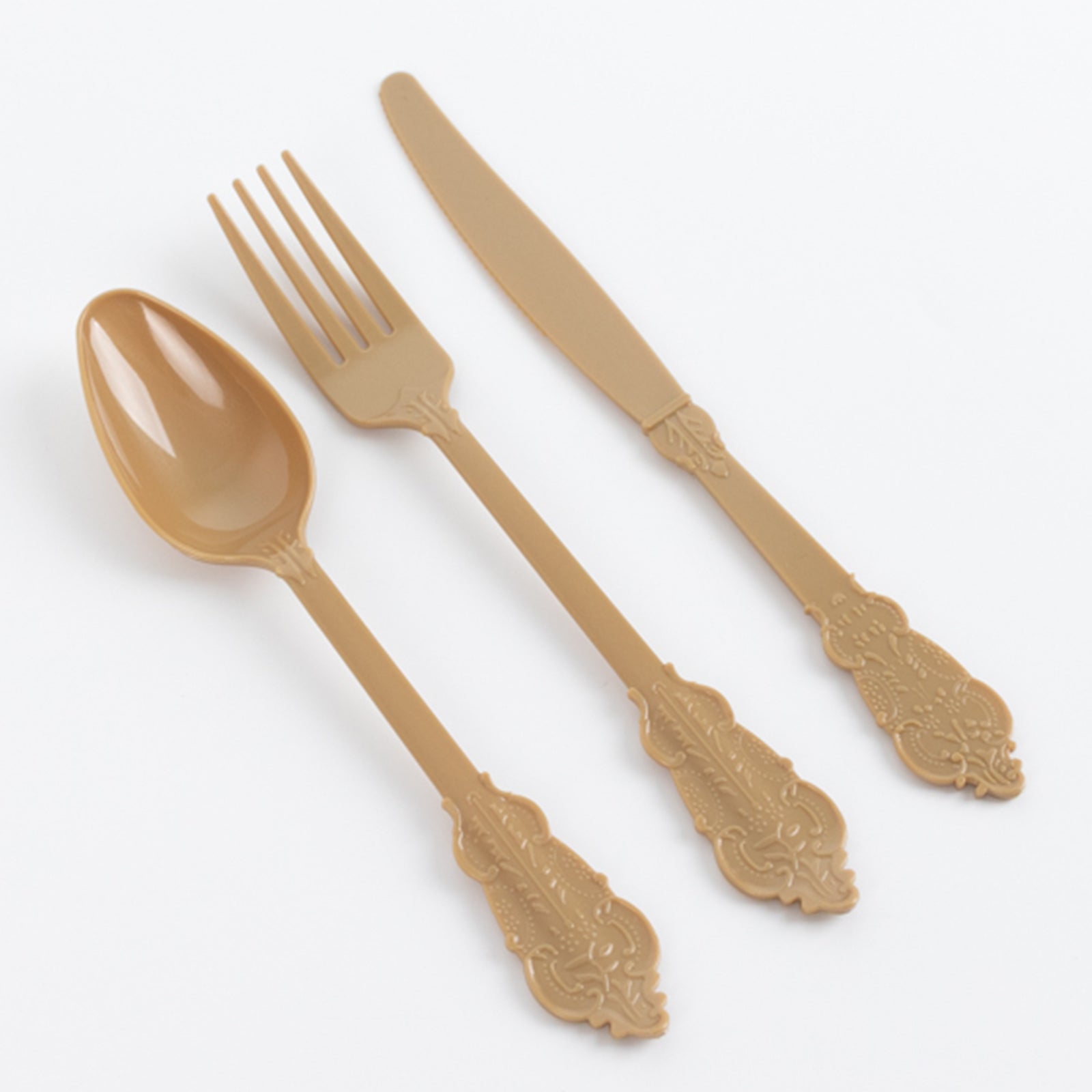 72 Pcs Plastic Silverware Set in Baroque Style Matte Gold - Heavy Duty Disposable Knife, Fork, and Spoon Set