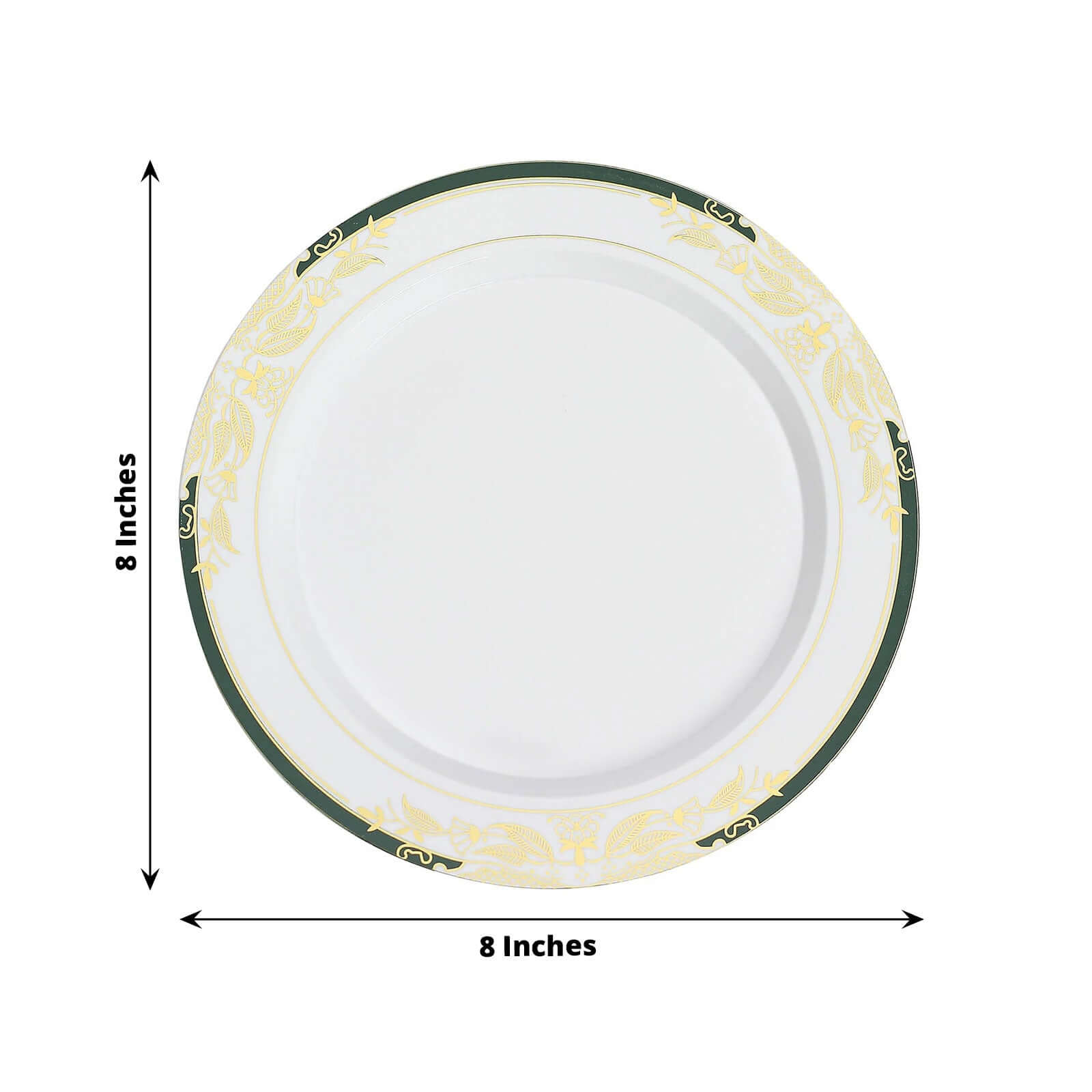 10-Pack Plastic 8 Round Dessert Plates in White with Hunter Emerald Green Rim - Stylish Gold Vine Design Disposable Salad/Appetizer Plates for Special Occasions & Celebrations