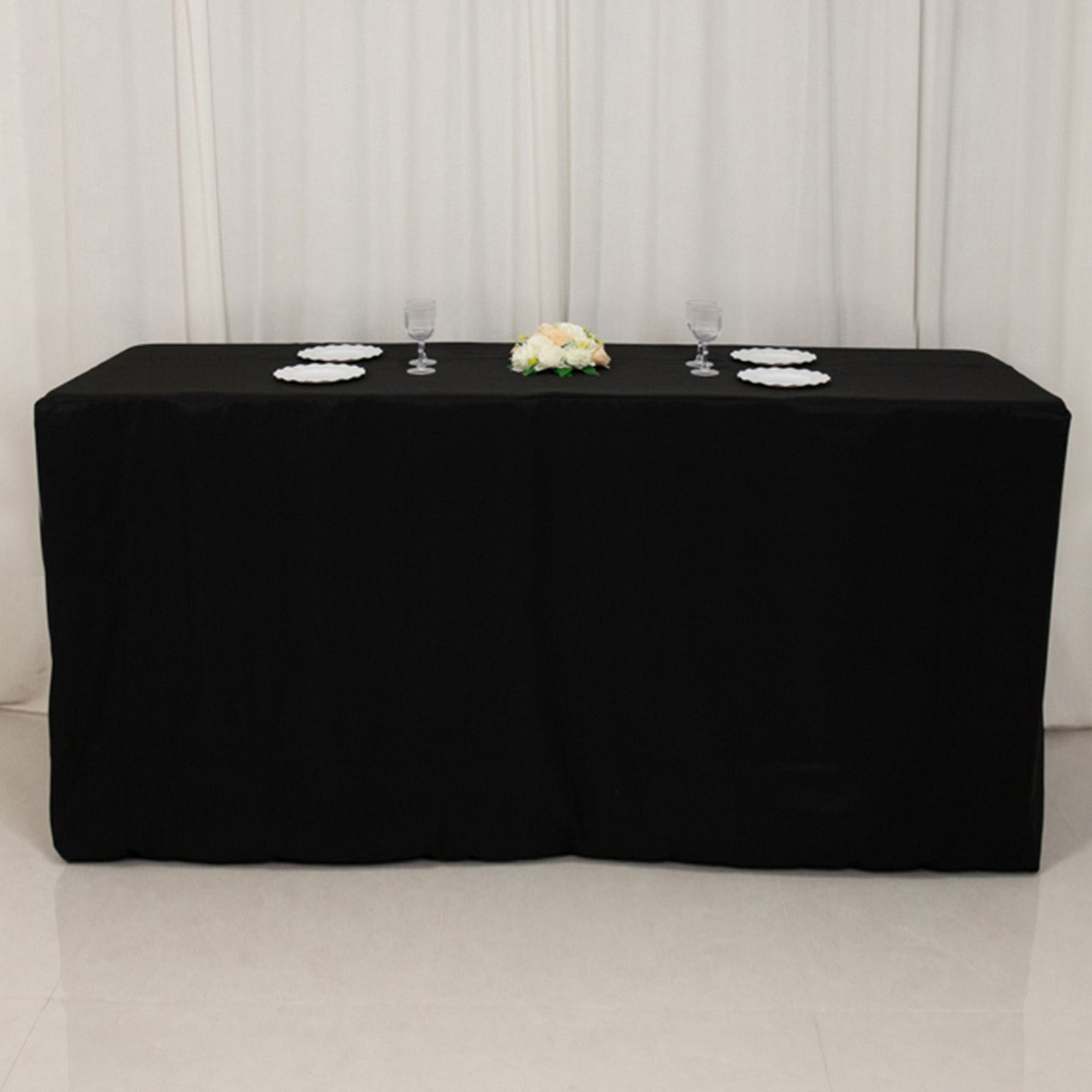 Fitted Polyester 96x24x42 Rectangle Tablecloth Black - Durable Fit for Elevated Tables