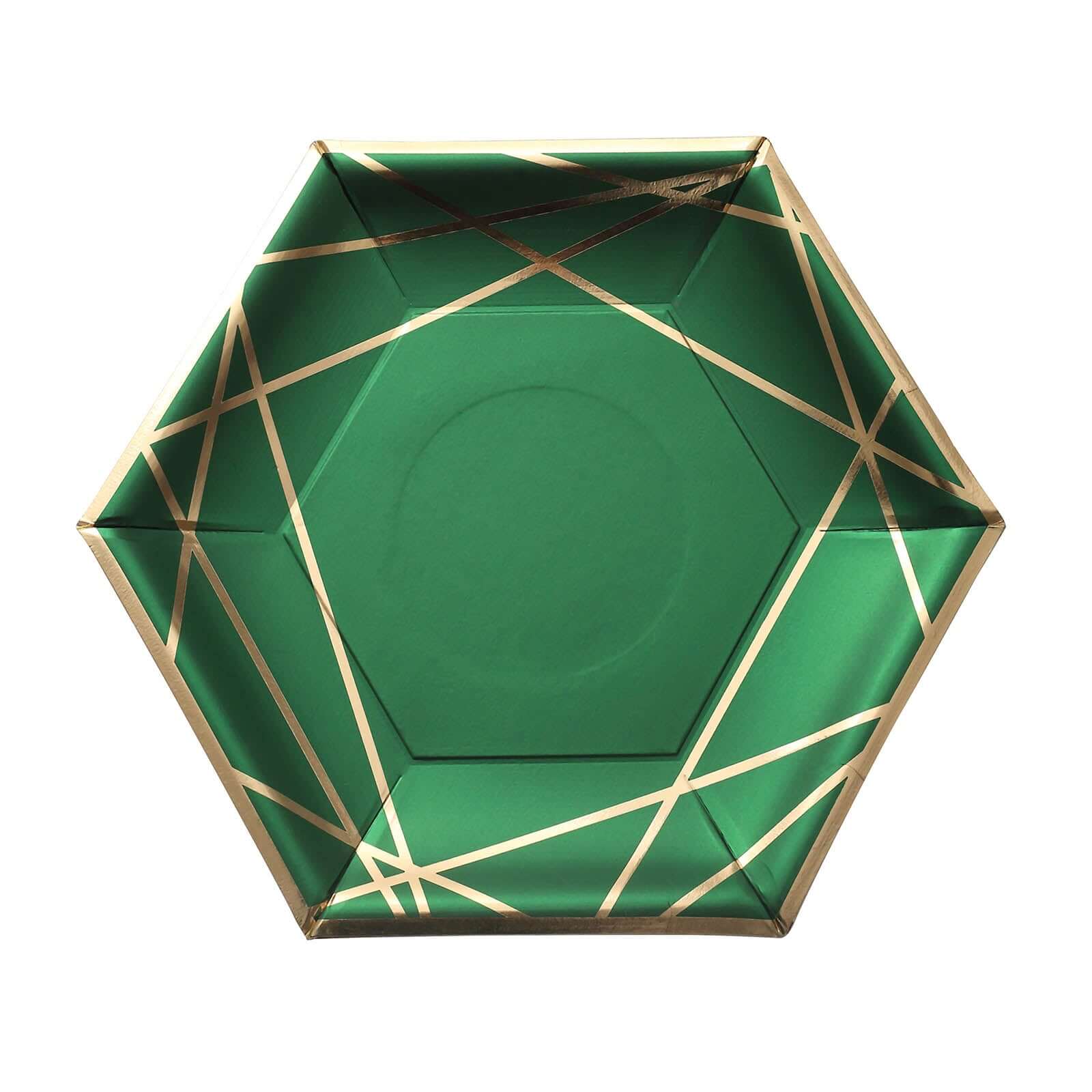 25-Pack Paper 9 Hexagon Dinner Plates in Hunter Emerald Green with Gold Geometric Lines & Rim - Stylish Disposable Geometric 300GSM Party Plates