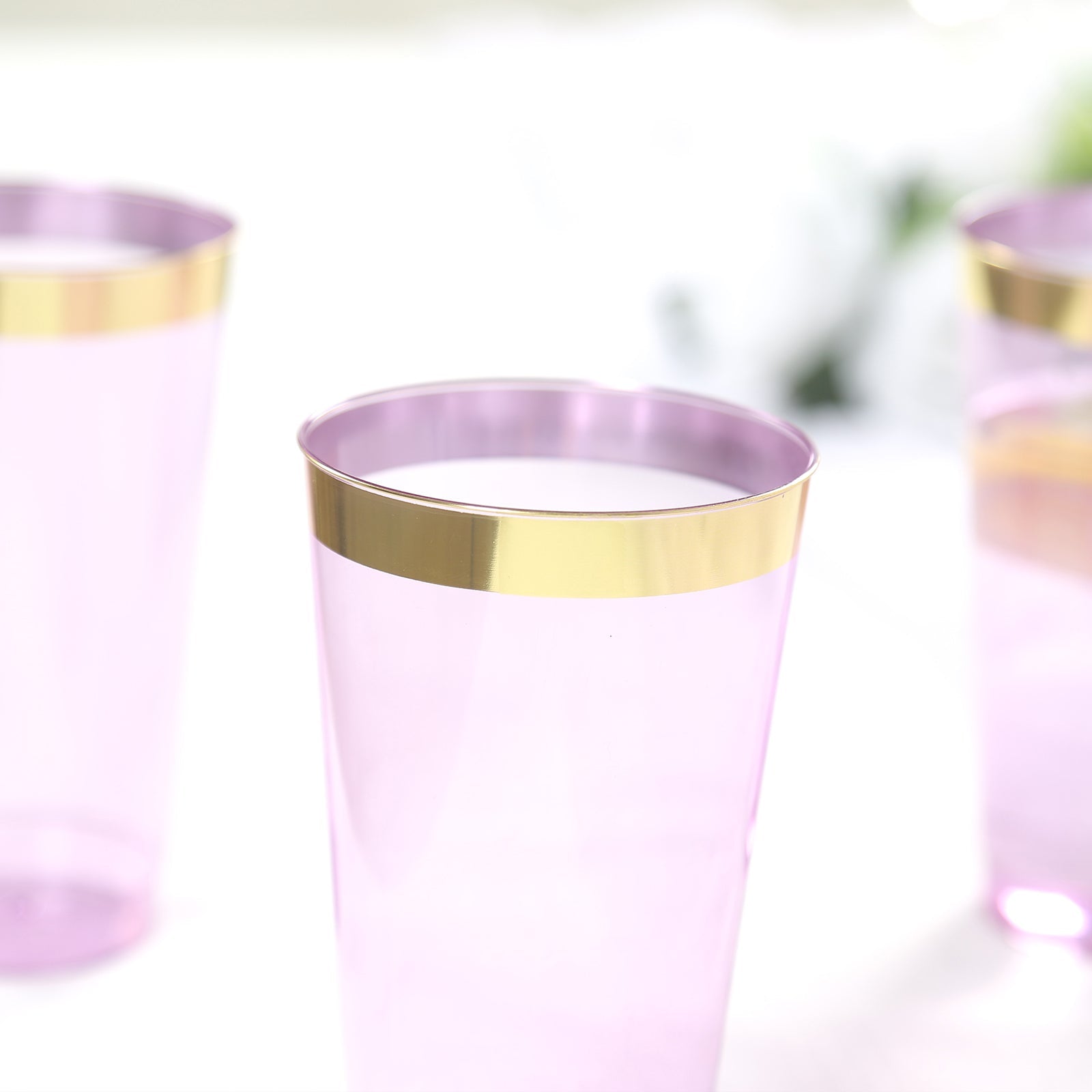 12-Pack Plastic Party Cups Transparent Purple with Gold Rim - Durable Disposable Tumblers for Drinks 17oz 5.5