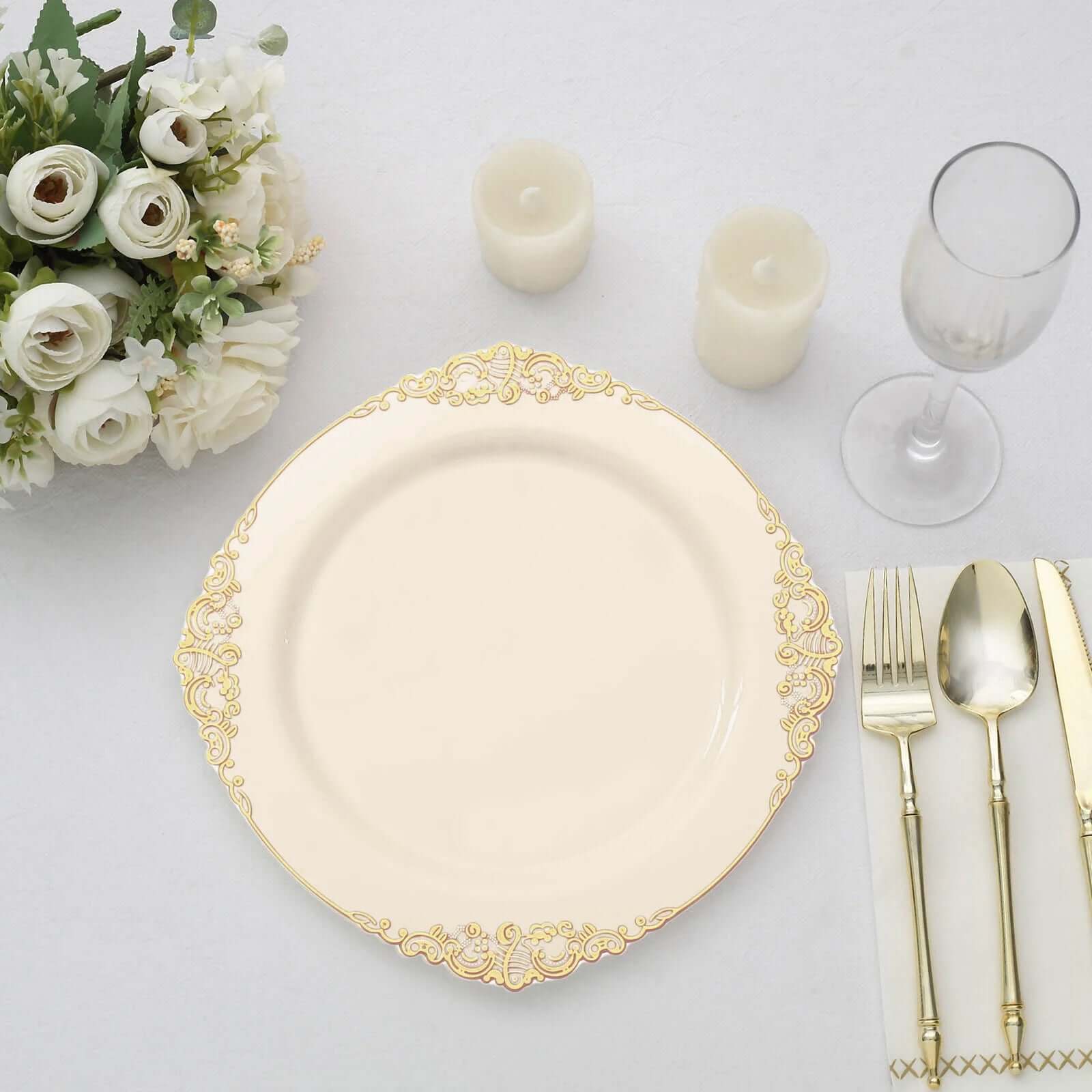 10-Pack Plastic 10 Round Dinner Plates in Ivory with Gold Leaf Embossed Rim - Disposable Vintage Baroque Style Plates