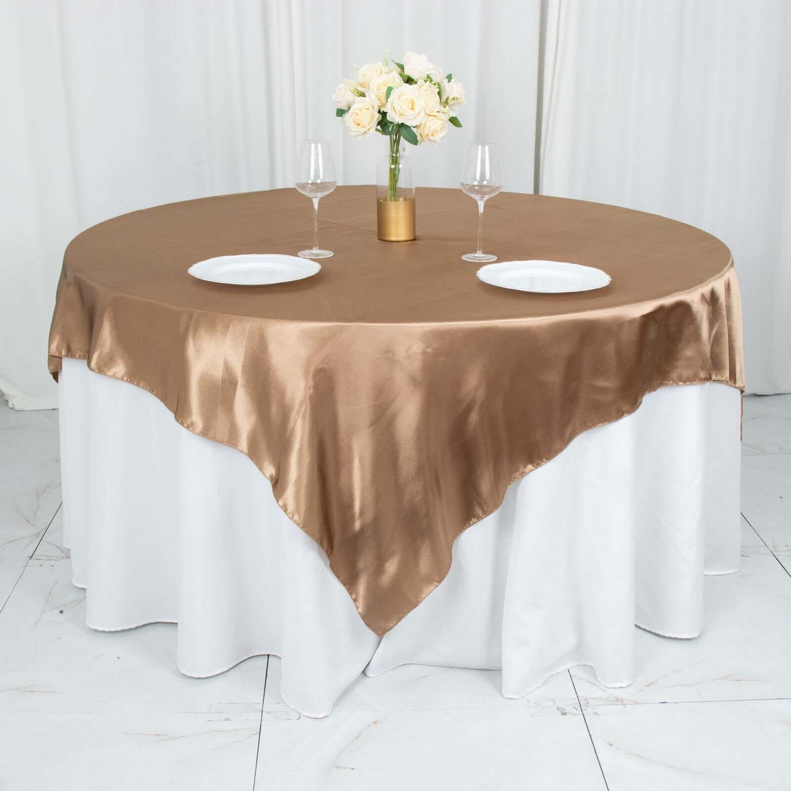 Satin 72x72 Table Overlay Square Tablecloth Taupe - Smooth Finish Table Cover