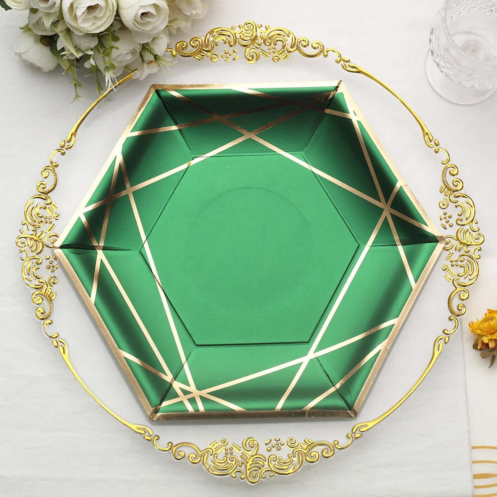 25-Pack Paper 9 Hexagon Dinner Plates in Hunter Emerald Green with Gold Geometric Lines & Rim - Stylish Disposable Geometric 300GSM Party Plates