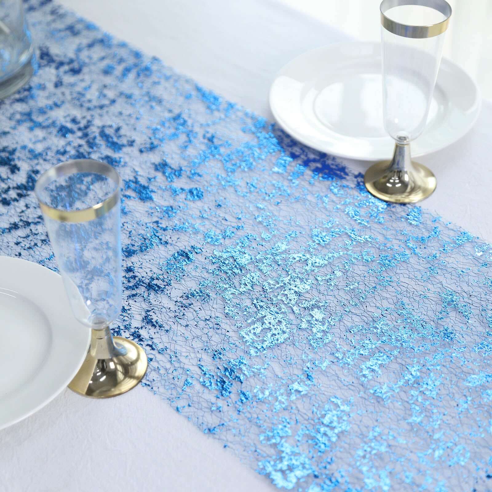 Mesh Polyester 108 Table Runner Roll Metallic Royal Blue - Distressed Foil Look Disposable Table Decor