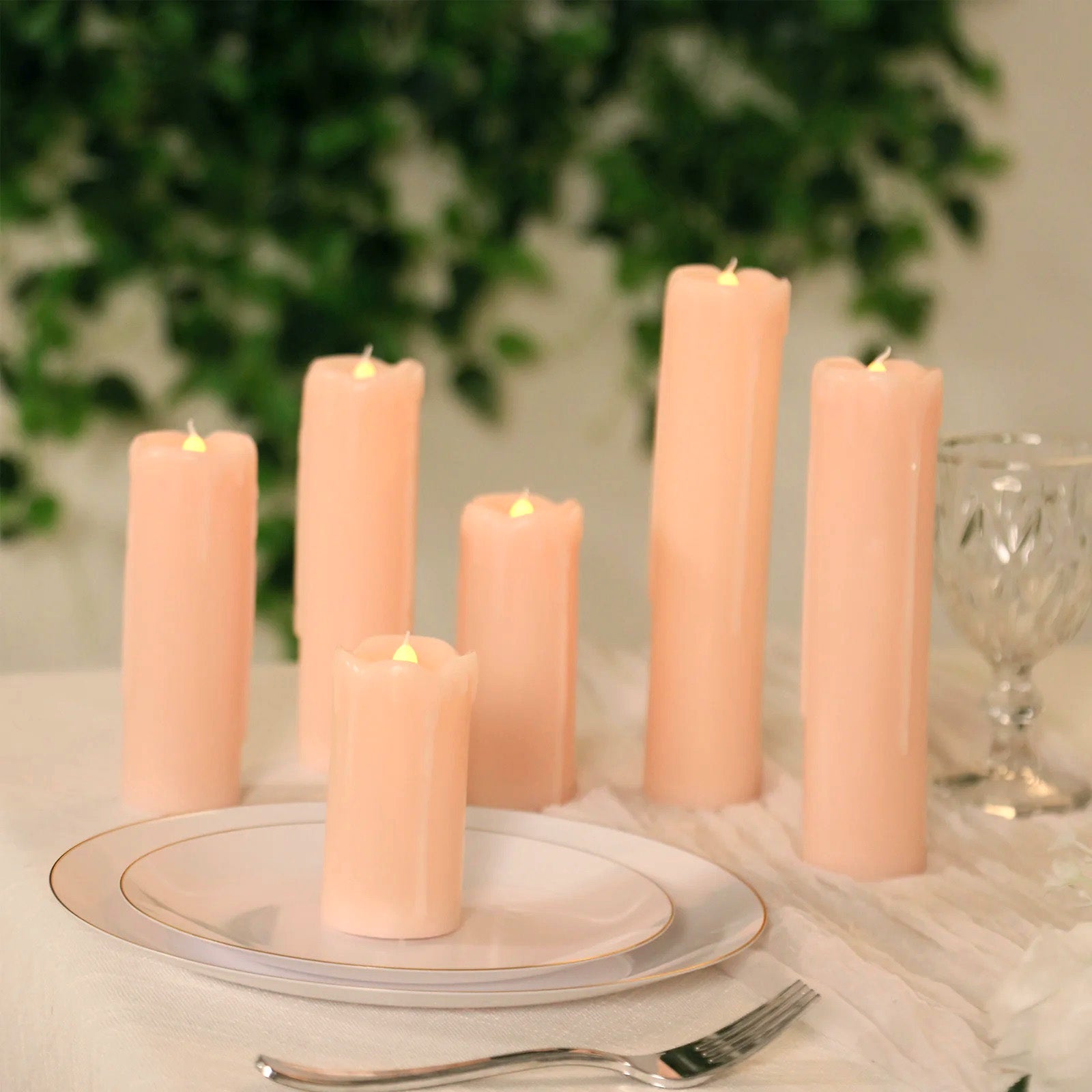 Set of 6 LED Flameless Luminaria Candles Drip Wax Blush - Battery Operated Pillar Lighting