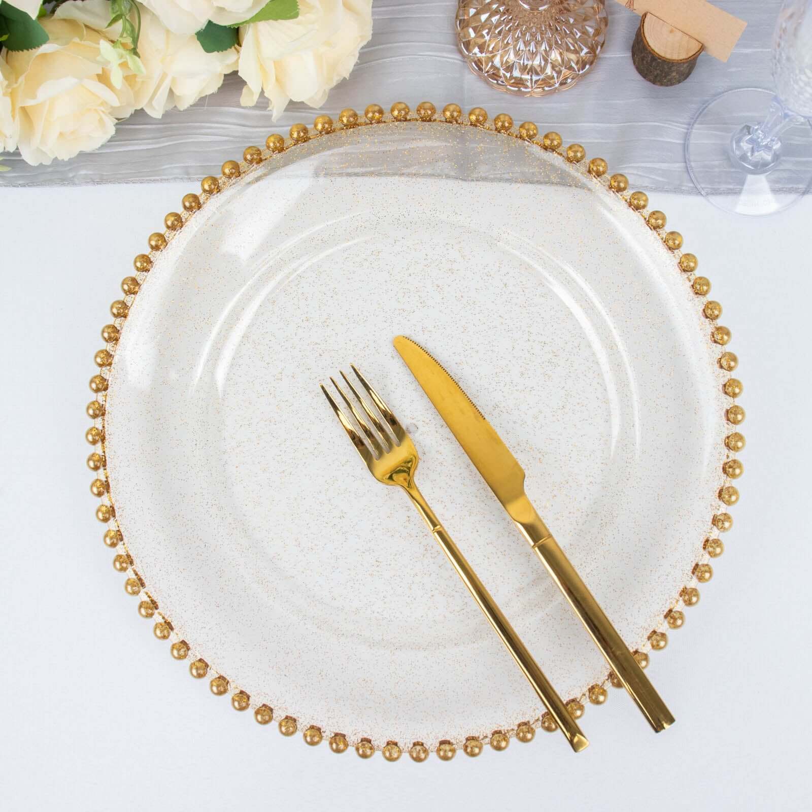 6-Pack Acrylic Round Charger Plates 13 in Clear Gold Glittered with Beaded Rim, Decorative Dinner Party Serving Plates