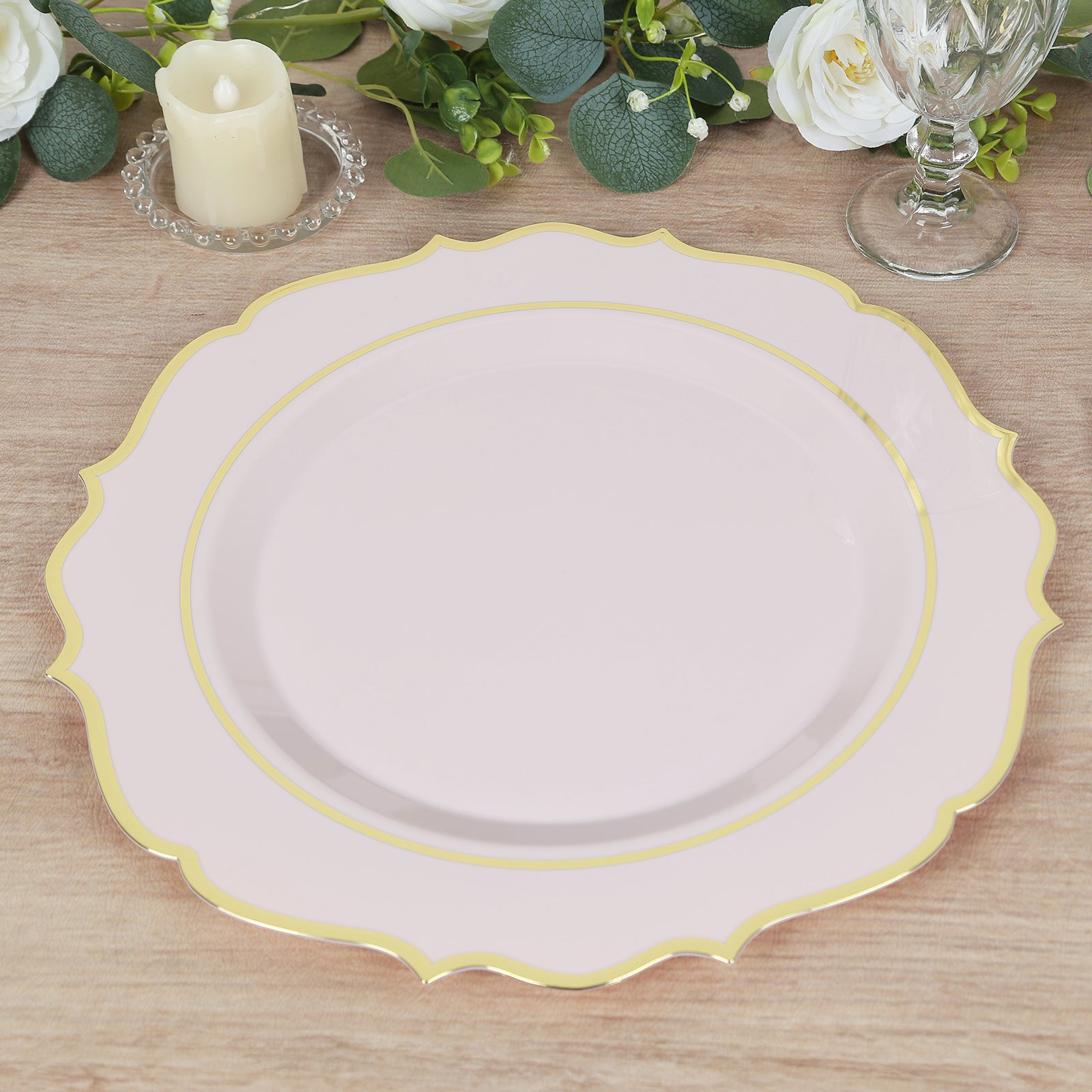 10-Pack Economy Plastic Round Charger Plates 13 in Blush with Gold Scalloped Rim, Decorative Dinner Party Serving Plates