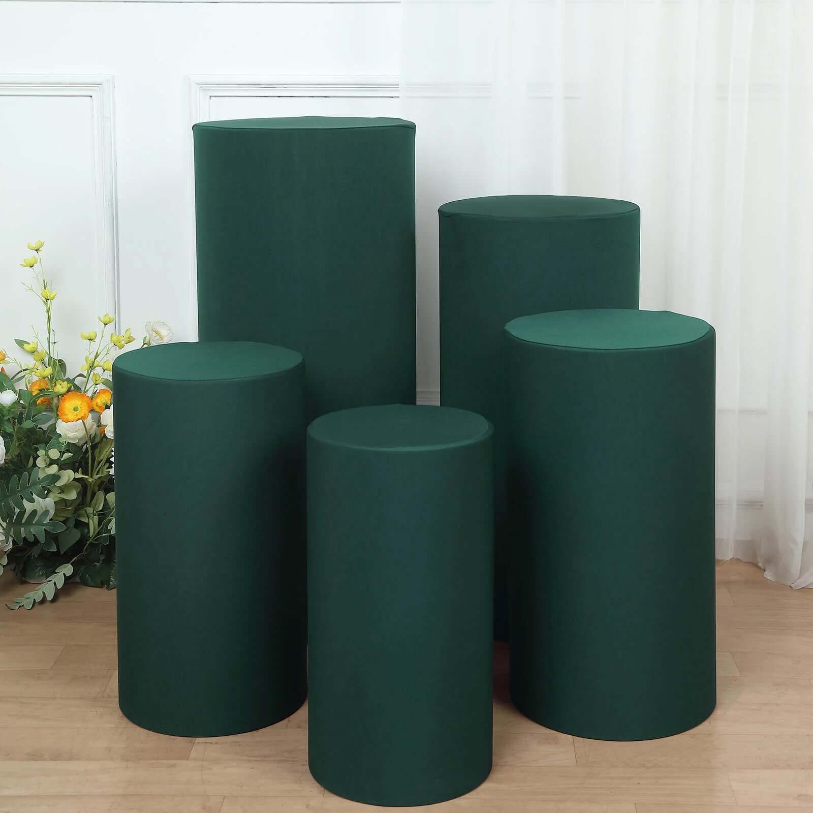 Set of 5 Hunter Emerald Green Spandex Cylinder Pedestal Stand Covers, Stretchable Pillar Prop Covers - 160 GSM