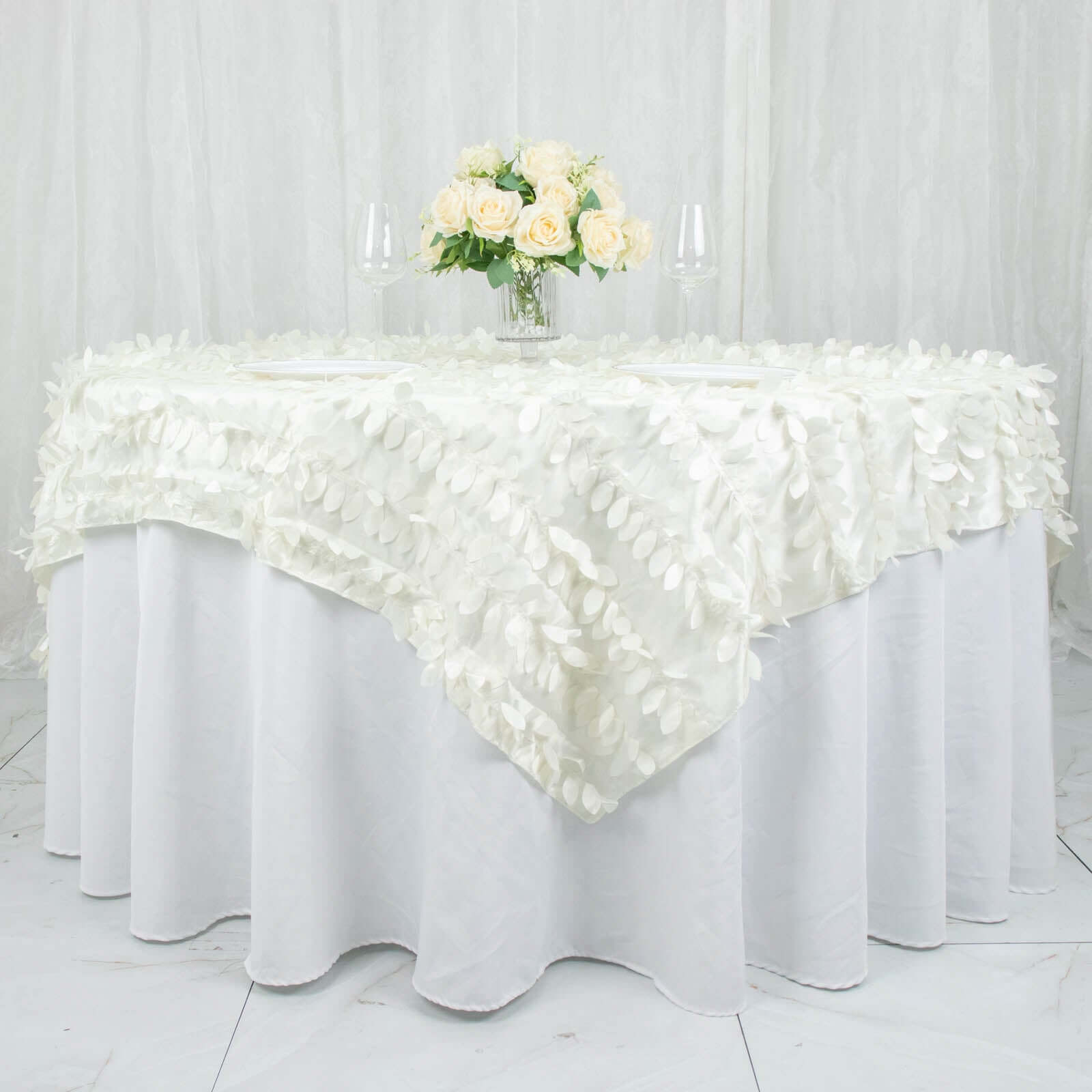 Taffeta 72x72 Table Overlay Square Tablecloth Ivory - 3D Leaf Petal Table Cover