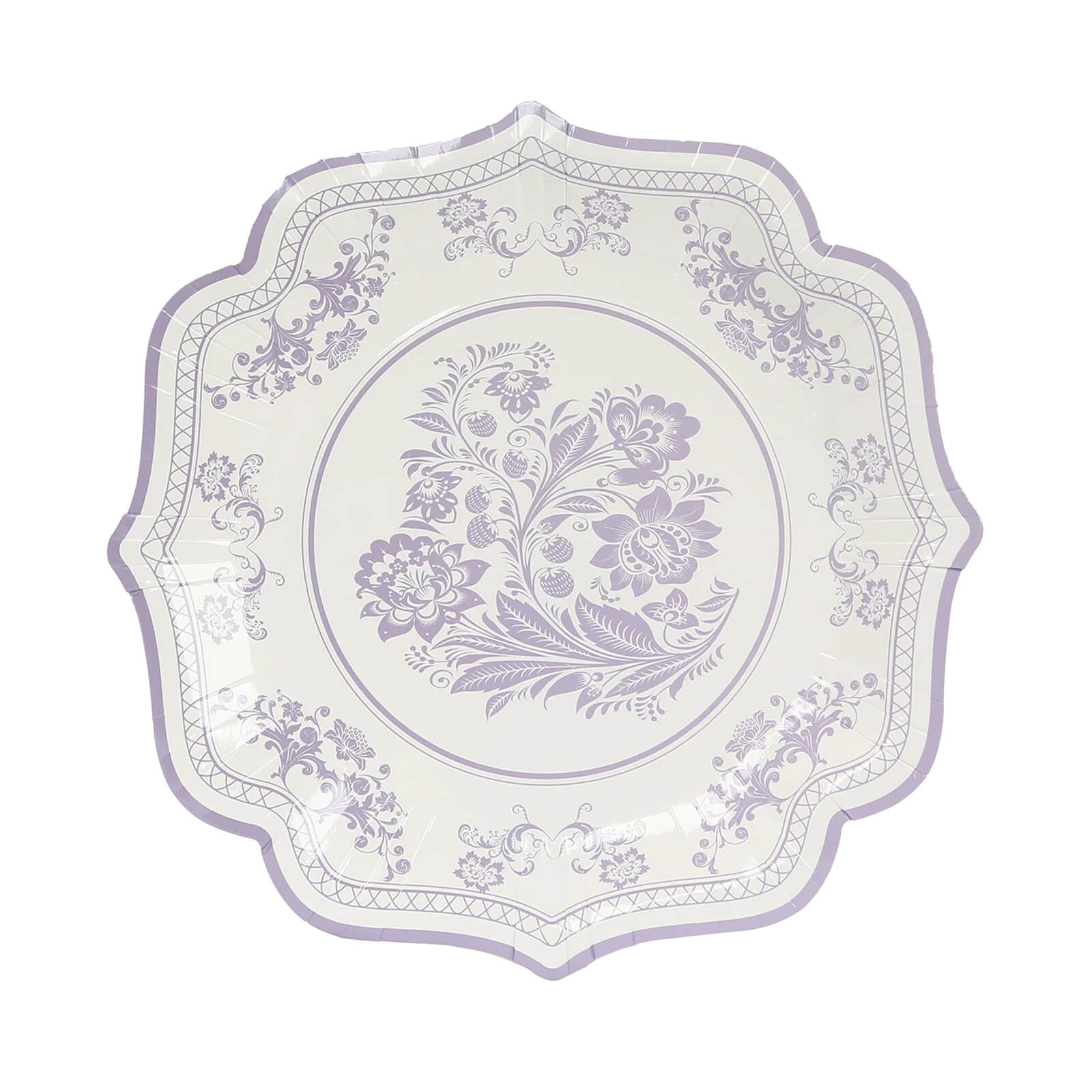 25-Pack Paper Dessert Plates in White with Lavender Lilac French Toile Print & Scallop Rim - Stylish Disposable 300GSM Floral Salad Appetizer Plates 8