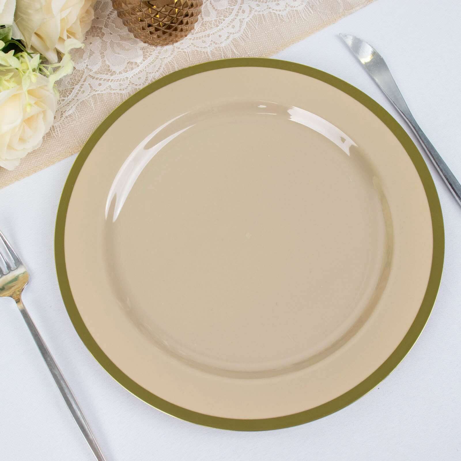 10-Pack Plastic 10 Round Dinner Plates in Taupe with Gold Rim - Disposable Party Plates for Classy Banquets & Special Occasions