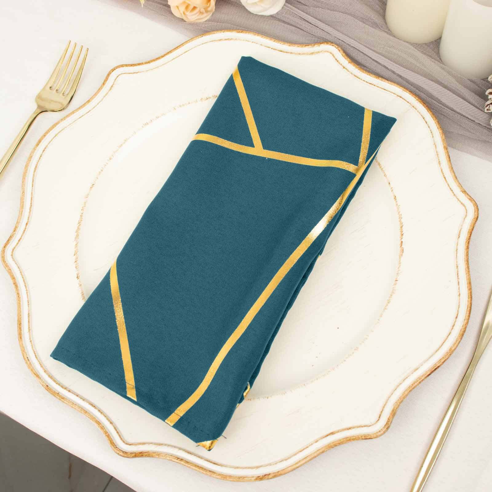 5 Pack Polyester 20x20 Napkins Peacock Teal with Gold Geometric Foil Pattern - Modern Reusable Dinner Napkins